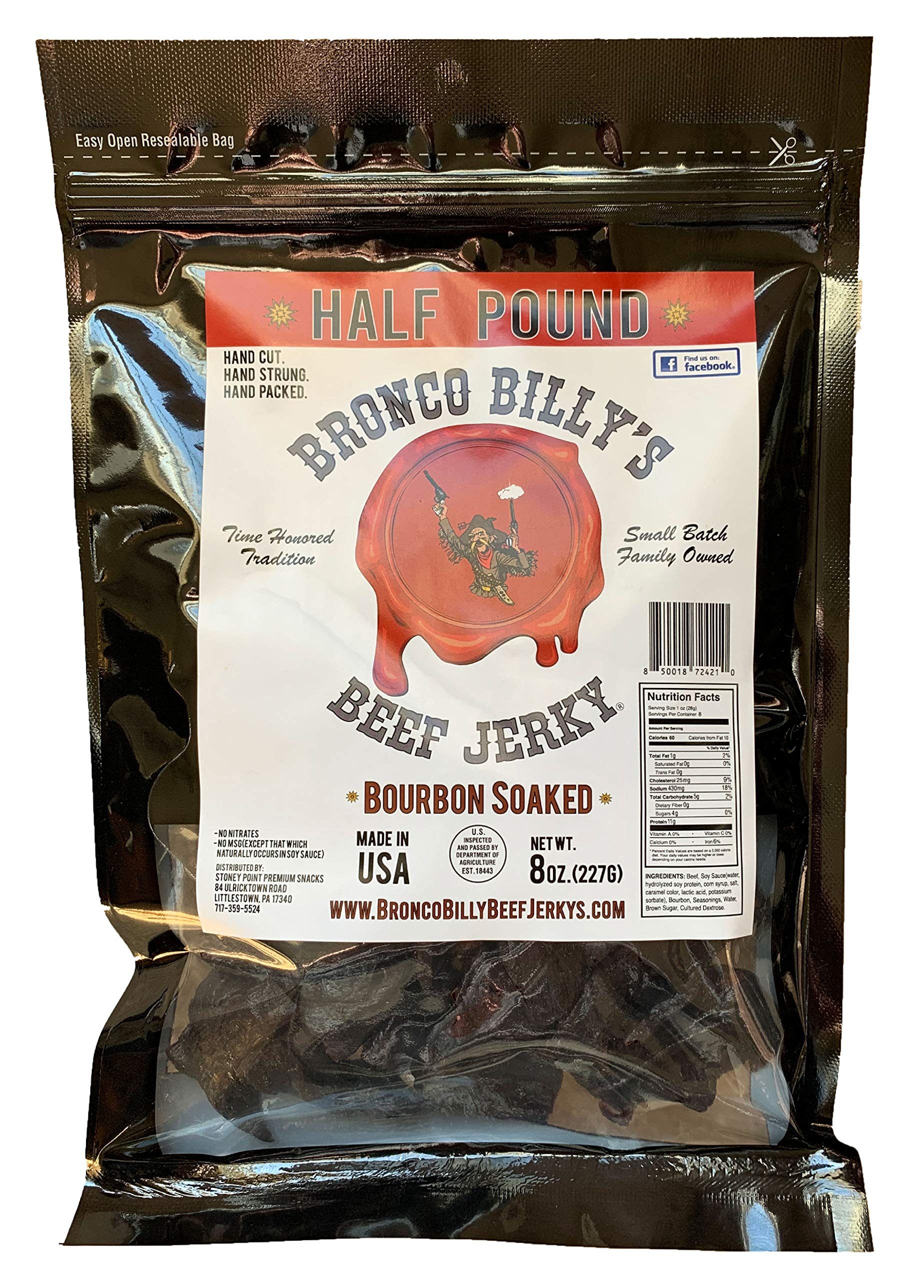 Bronco Billys Beef Jerky Bourbon Soaked 8 Ounce Resealable Bag