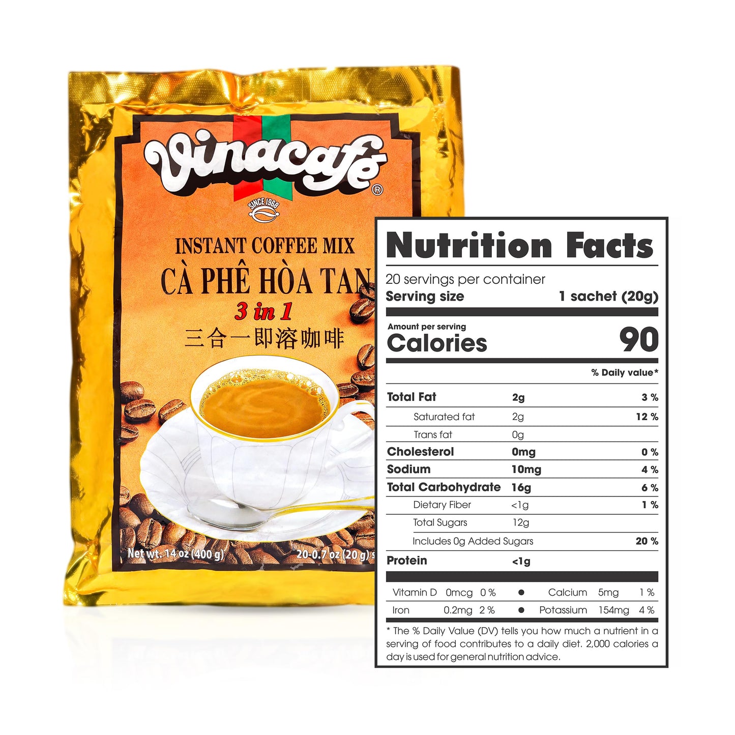 Vinacafe 400 Cts Vietnamese Instant Coffee Mix 3 In 1 Single Serves (Pack Of 20 | 20 Sachets Per Bag)