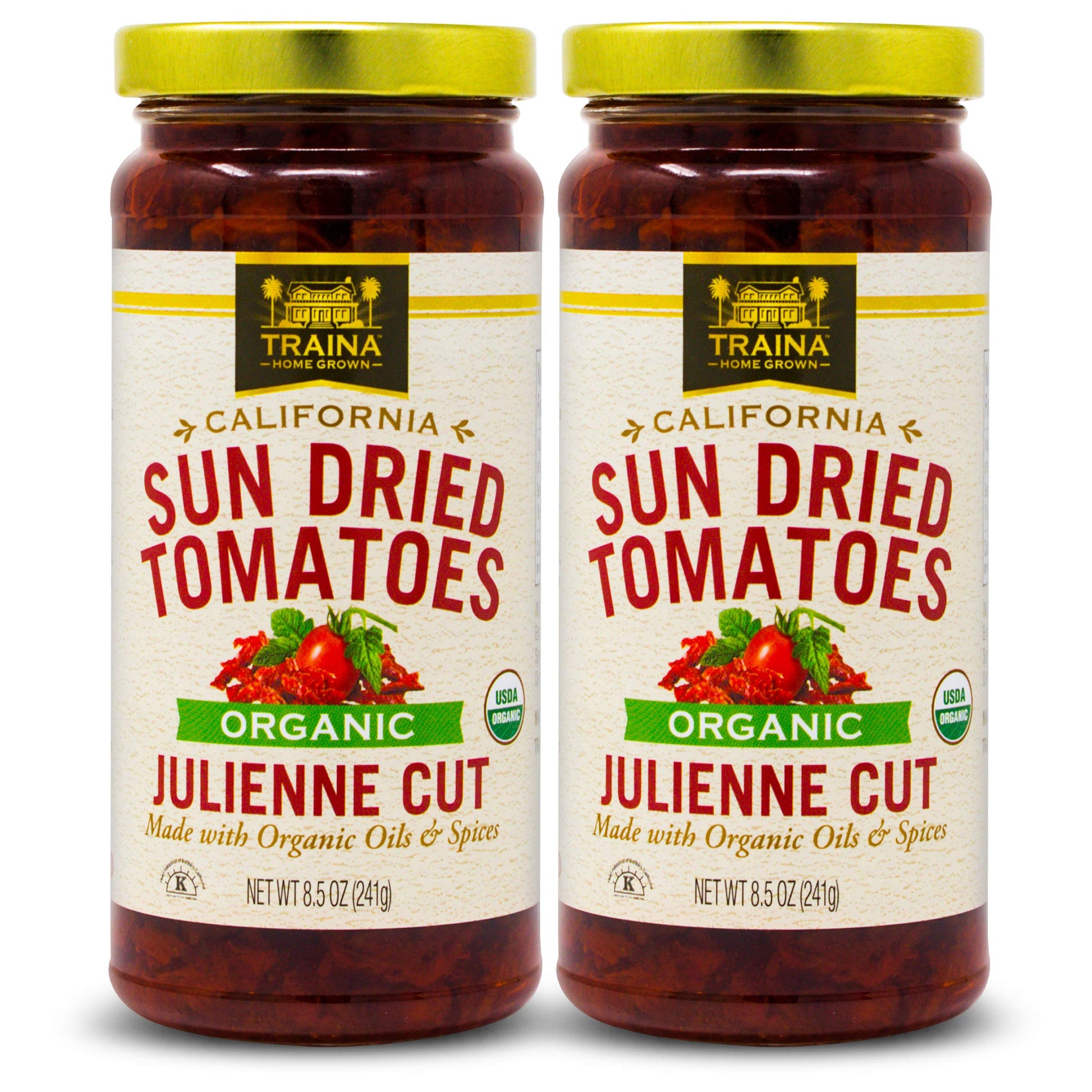 Traina Home Grown California Organic Sun Dried Tomatoes In Oil - Julienne Cut  Marinated With Italian Herbs & Olive Oil - California Grown - 2 Jars (8.5 Oz Each)