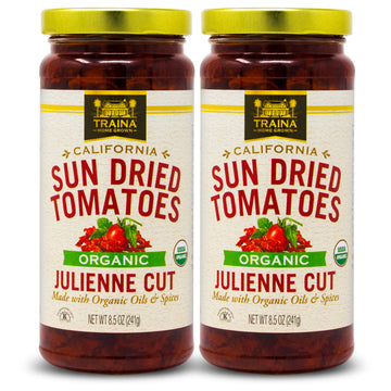 Traina Home Grown California Organic Sun Dried Tomatoes In Oil - Julienne Cut  Marinated With Italian Herbs & Olive Oil - California Grown - 2 Jars (8.5 Oz Each)