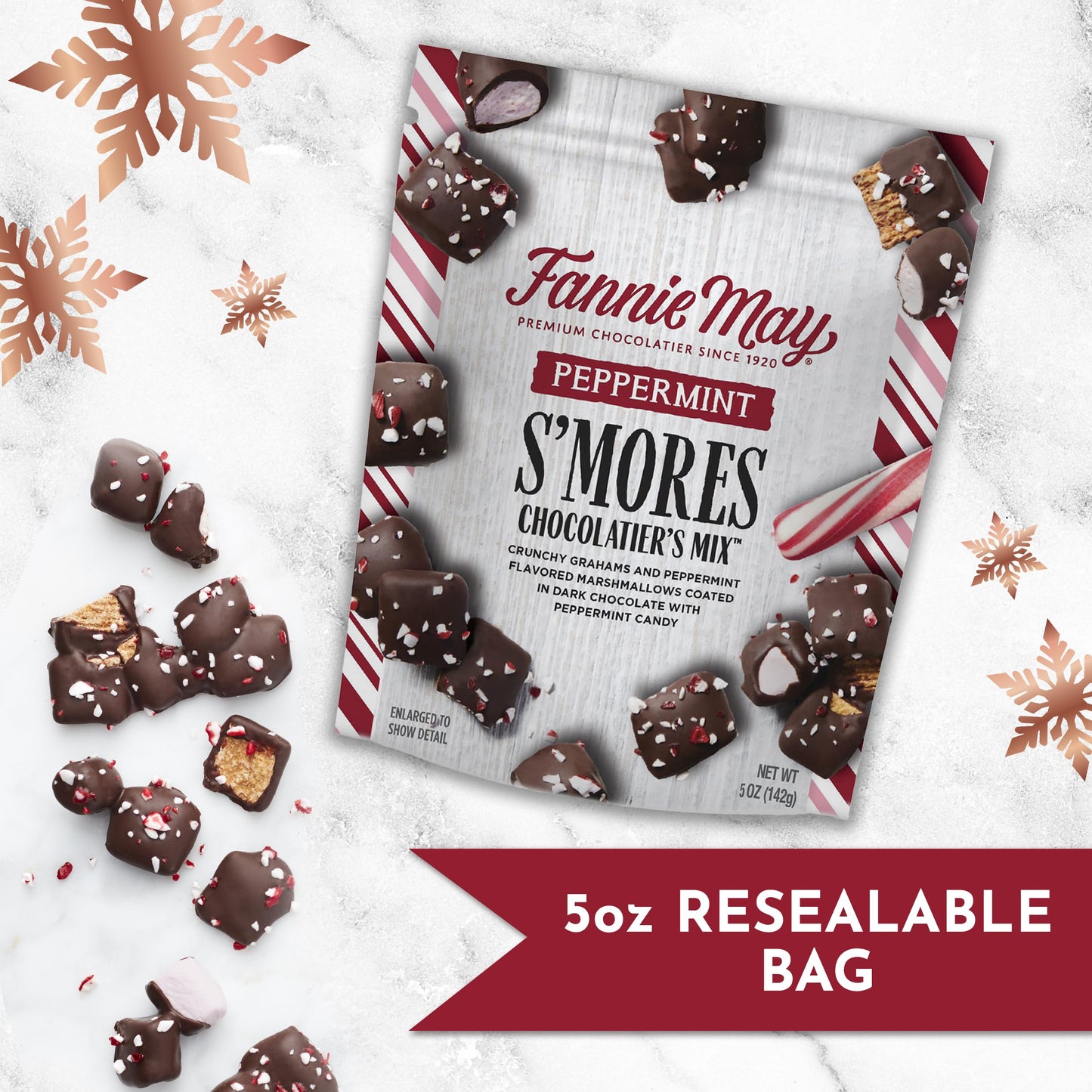 Fannie May, Enhanced Dark Chocolate, Smores Peppermint Snack Mix, Holiday Gift Bag, 5 Oz