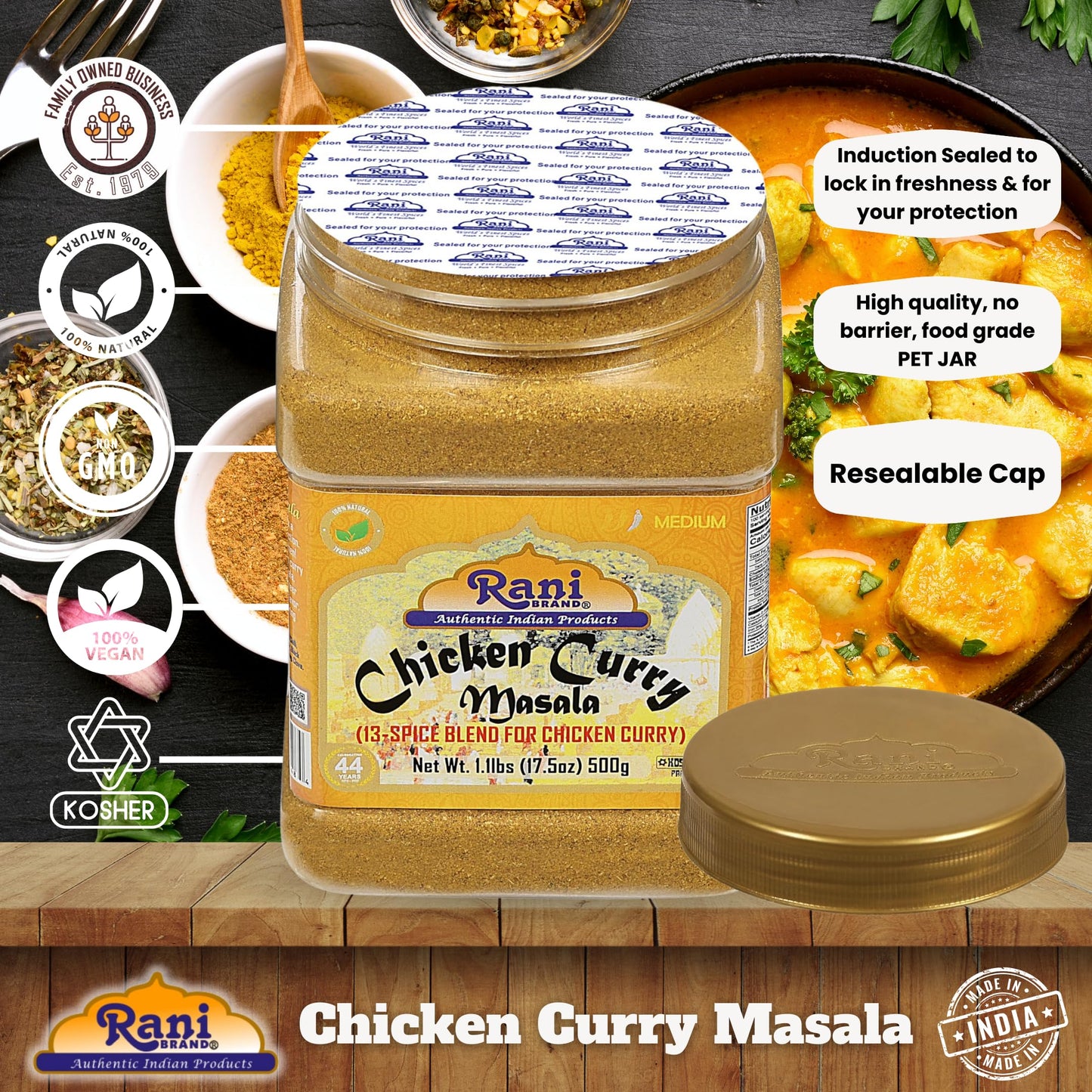 Rani Chicken Curry Masala Indian 13-Spice Blend 17.5Oz (1.1Lbs) 500G Pet Jar ~ All Natural | Vegan | No Colors | Gluten Friendly