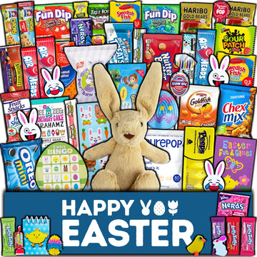 CRAVEBOX Easter Care Package - 50ct Candy Snacks, Plush Bunny, Cookies, Gift Box for Kids and Adults