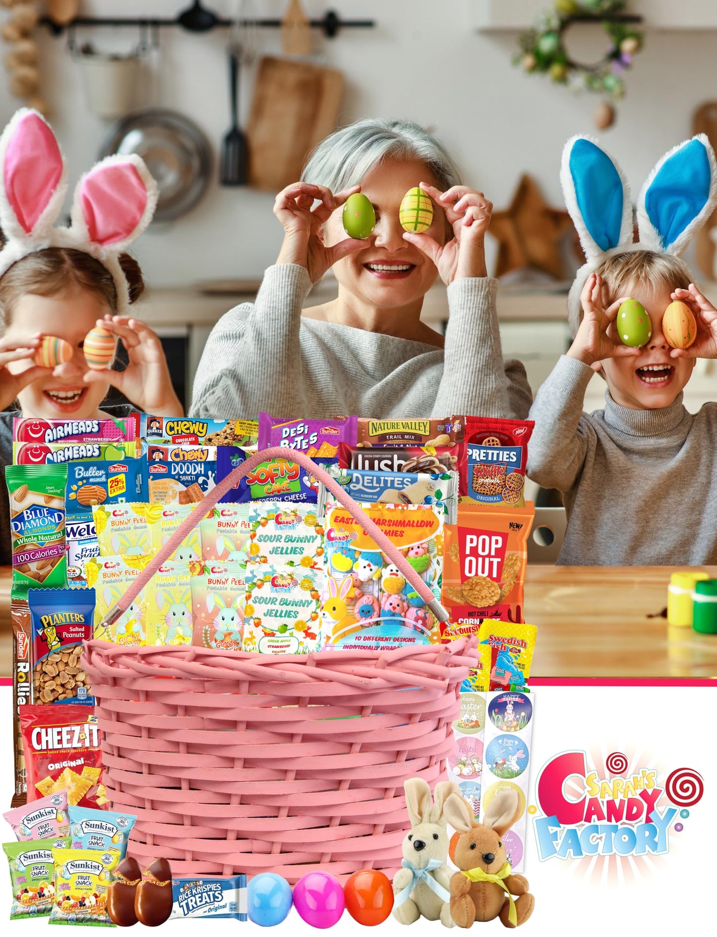 Easter Pink Oval Willow Basket (70 Ct) Filled With Treats, Snacks, Candy, Peelable Gummies, Marshmallow Gummies, Bunny And More,