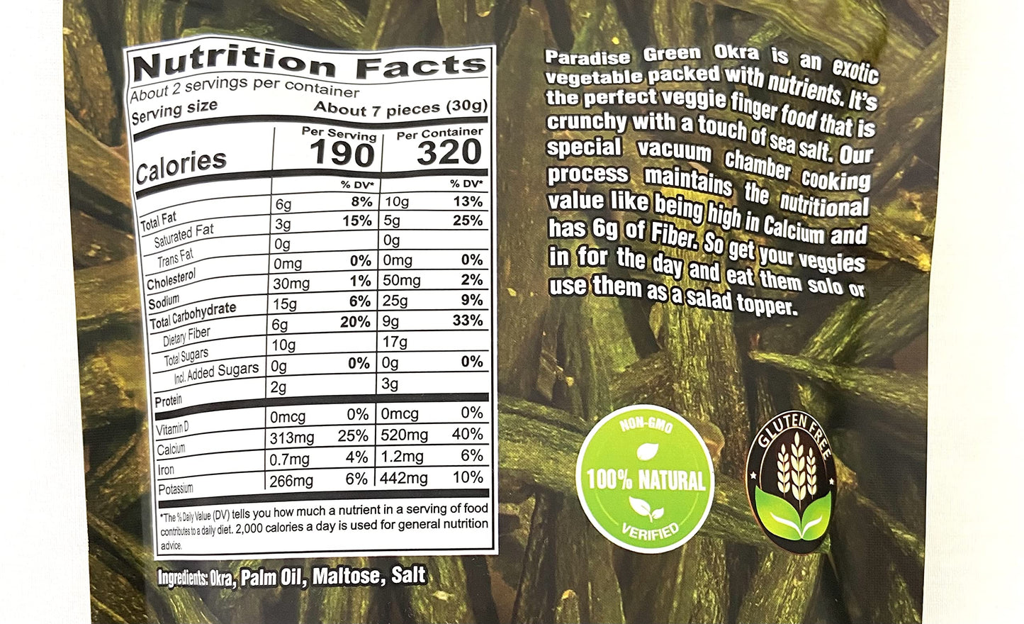 Crispy Crunchy Whole Okra Chips High In Fiber And Calcium, 100% Natural & Gluten-Free, Paradise Green 1.7Oz X 2 Packs/ Shipped B
