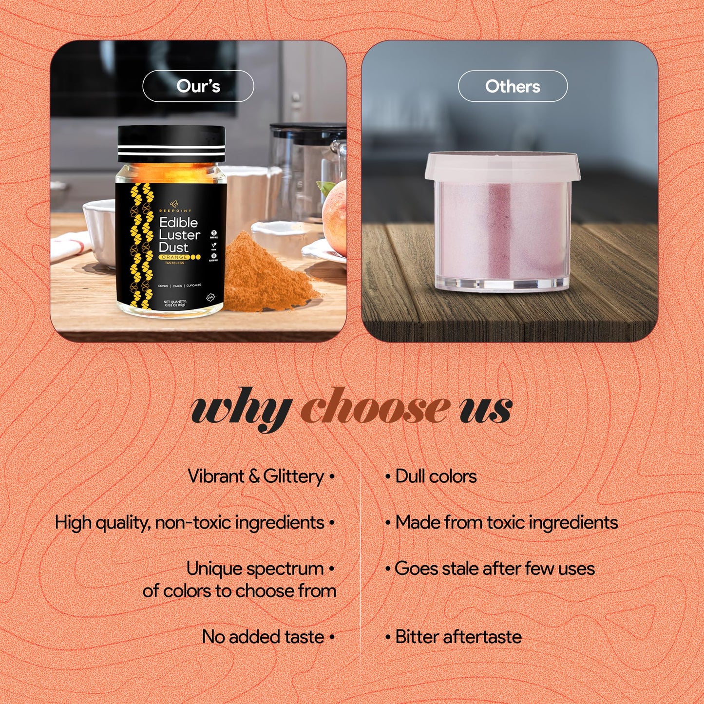 BeePoint Edible Glitter Luster Dust - Food Grade Shimmer Powder, 15g, Orange, Vegan & Gluten Free for Baking, Cocktails, and Decorating