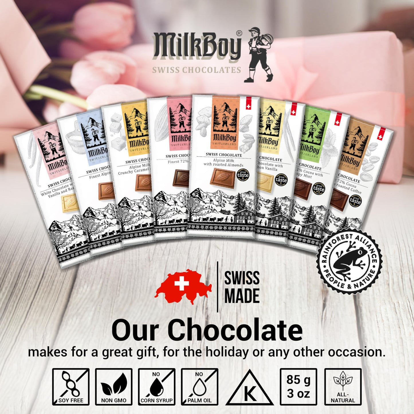 Milkboy Swiss Chocolates Dark Chocolates - 72% Cocoa  Made in Switzerland  Dairy Free  Vegan  Gluten-Free  Non-GMO  Kosher  Sustainably Farmed  European Chocolate - 3 oz  Pack 2