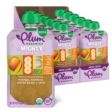 Plum Organics Mighty Builder Organic Toddler Food - Mango, Banana, White Bean, and Chia - 4 oz Pouch (Pack of 12) - Organic Frui