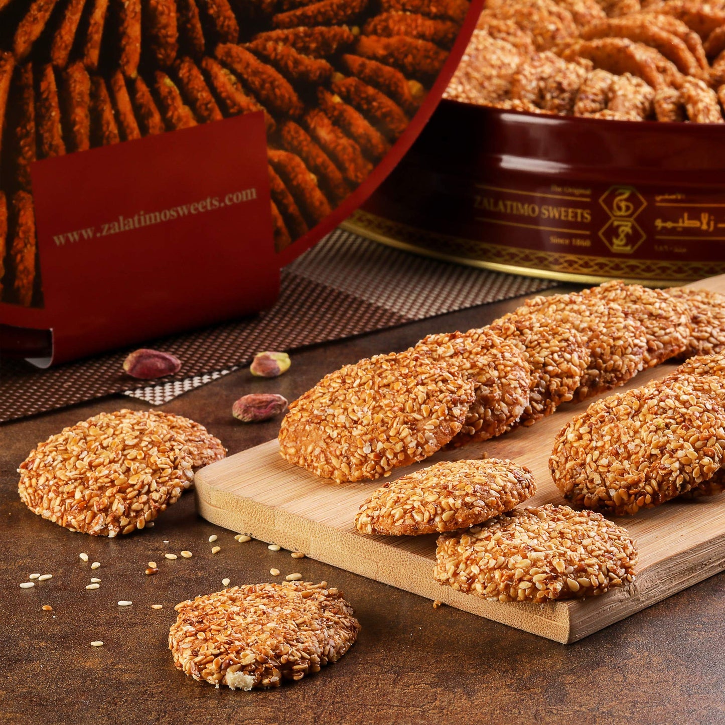 Zalatimo Sweets All Natural Sesame Biscuits, Slightly Sweet, 1.65 lbs, No Preservatives, Round Gift Tin
