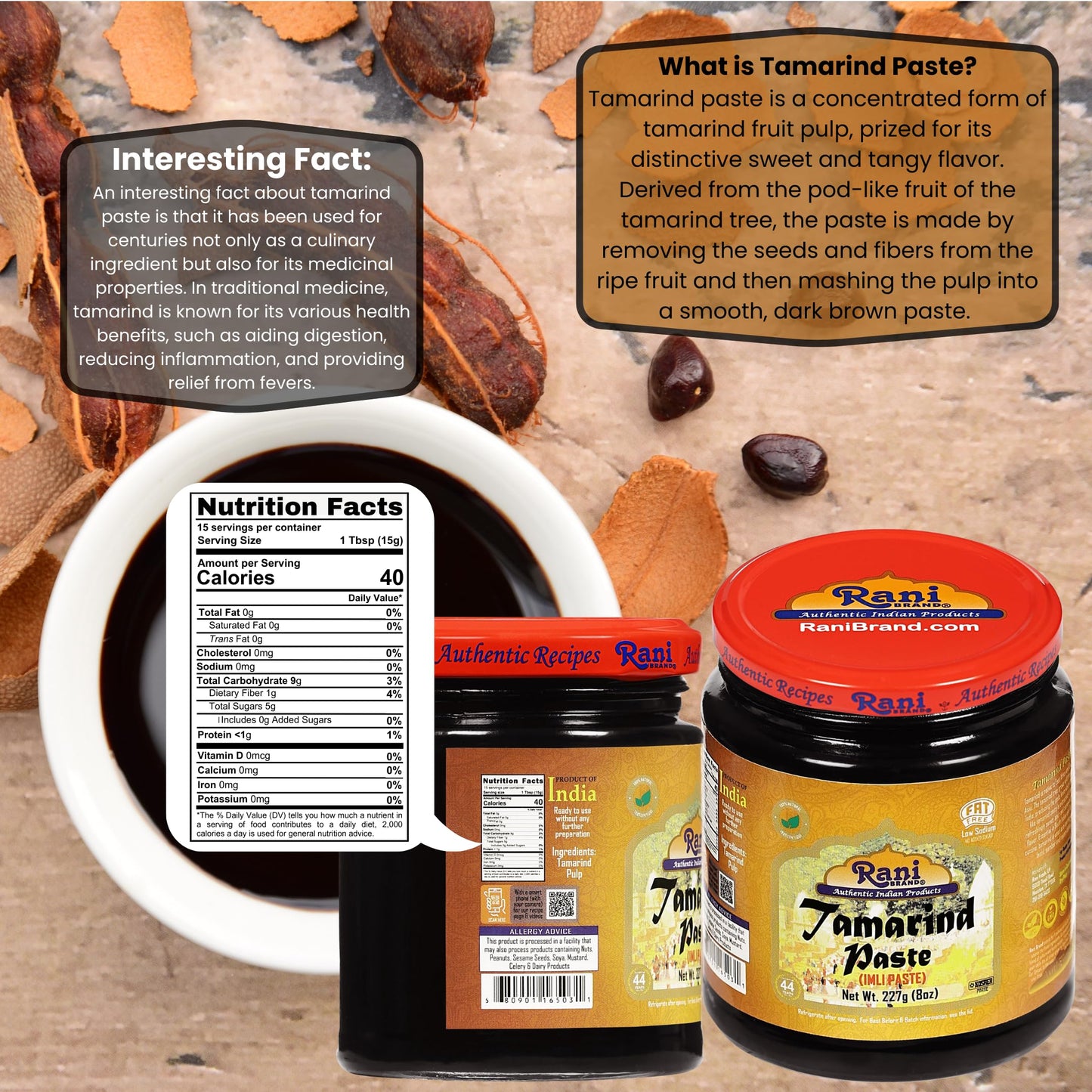 Rani Tamarind Paste Puree (Imli) 8oz (227g) Glass Jar, No added sugar ~ All Natural | Vegan | Gluten Free | No Colors | NON-GMO