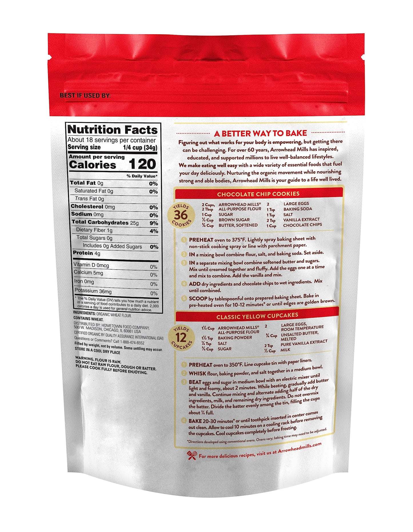 Arrowhead Mills Flour, Unbleached White, 95% Organic, 25 Lb