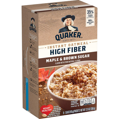 Quaker, High Fiber Instant Oatmeal, Maple Brown Sugar, 8 Count