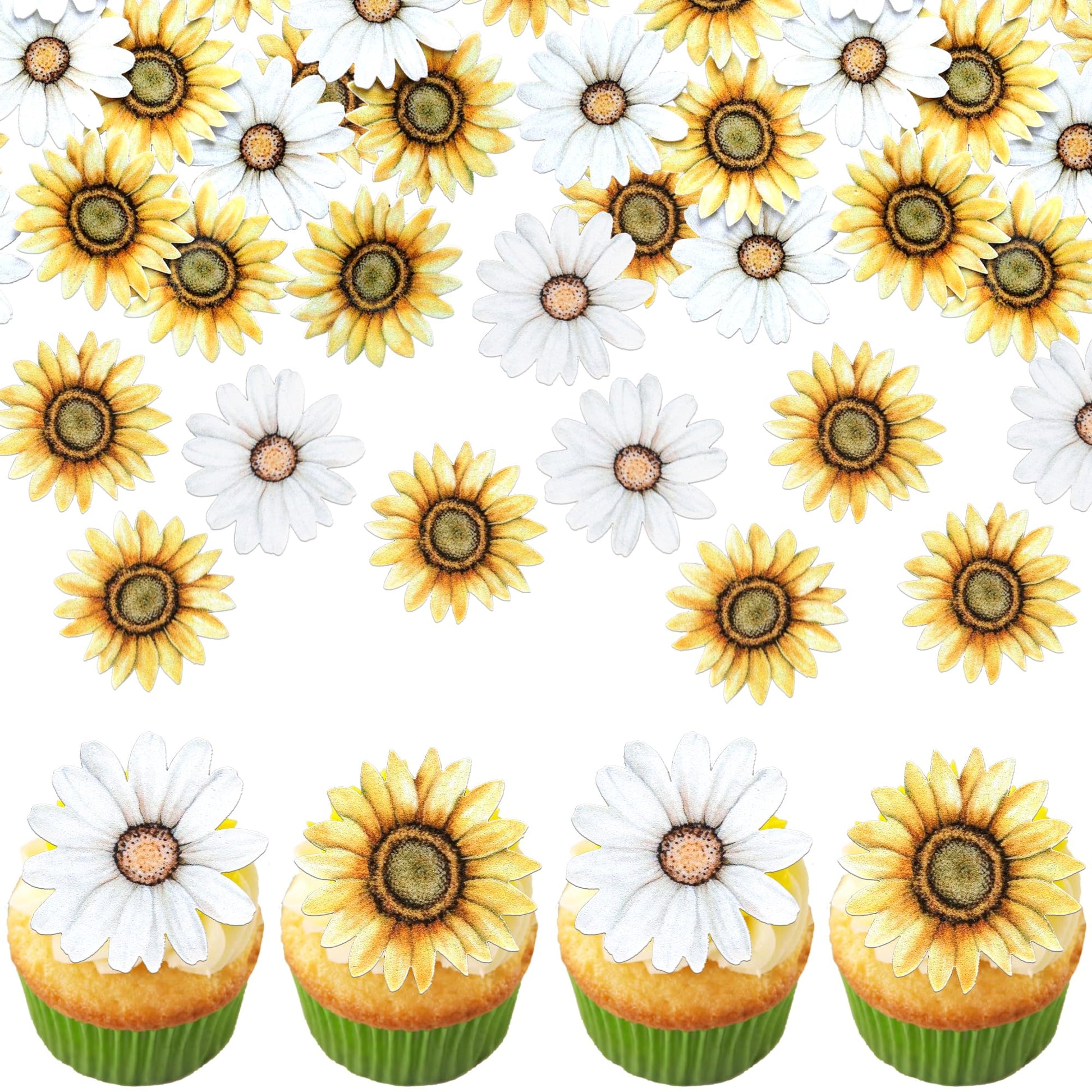 60 Pcs Edible Sunflower Cupcake Toppers Edible Flowers Cake Decorations Wafer Paper Sunflower Party Decorations For Baby Shower Birthday Party Cake Toppers Food Decorations Supplies Yellow White