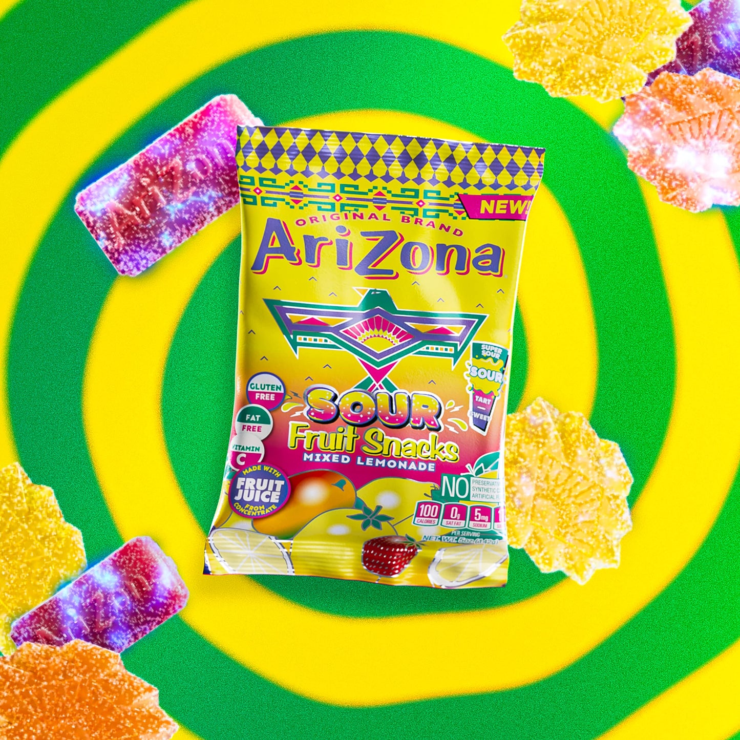 Arizona Sour Lemonade Fruit Snacks - New - 5 Ounce Bags (Pack Of 12) - Gluten Free - Gummy Chews