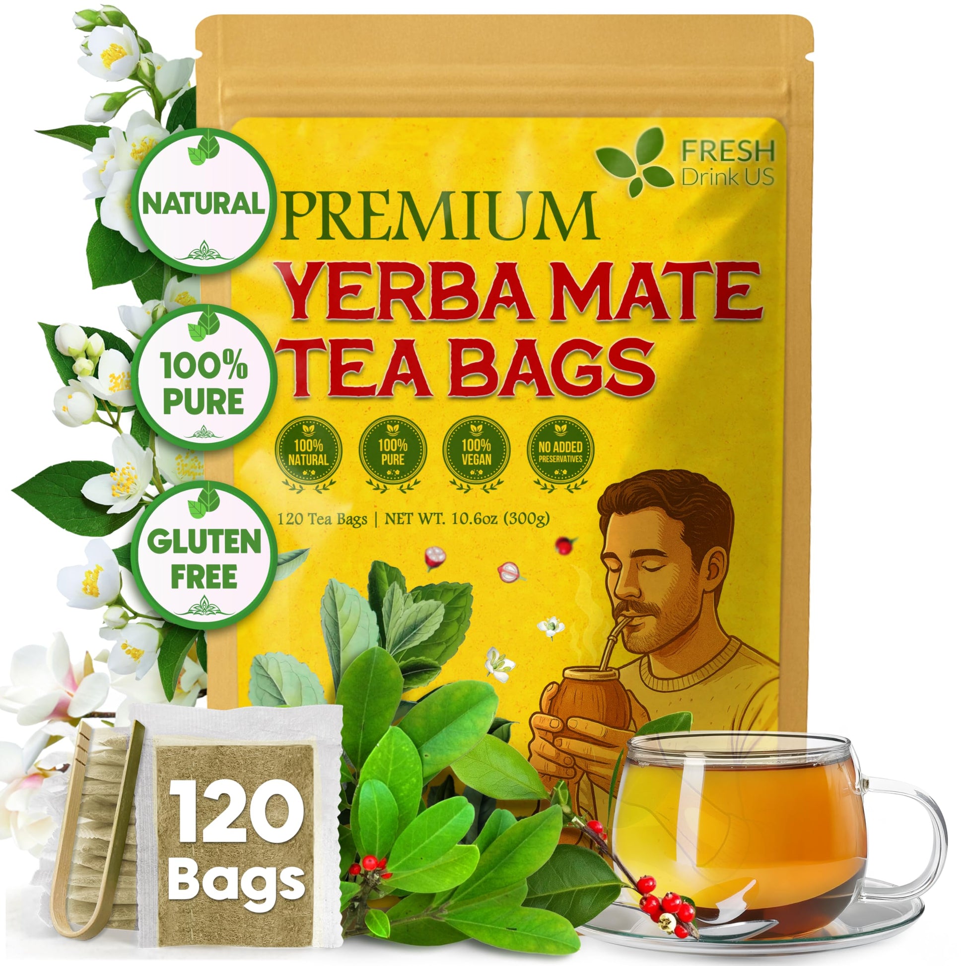 FreshDrinkUS  Yerba Mate Tea Bags | 120 Tea Bags | Traditional South American Herbal Tea - Smooth & Refreshing Flavor - enhanced Quality  Sustainably Sourced. Vegan.