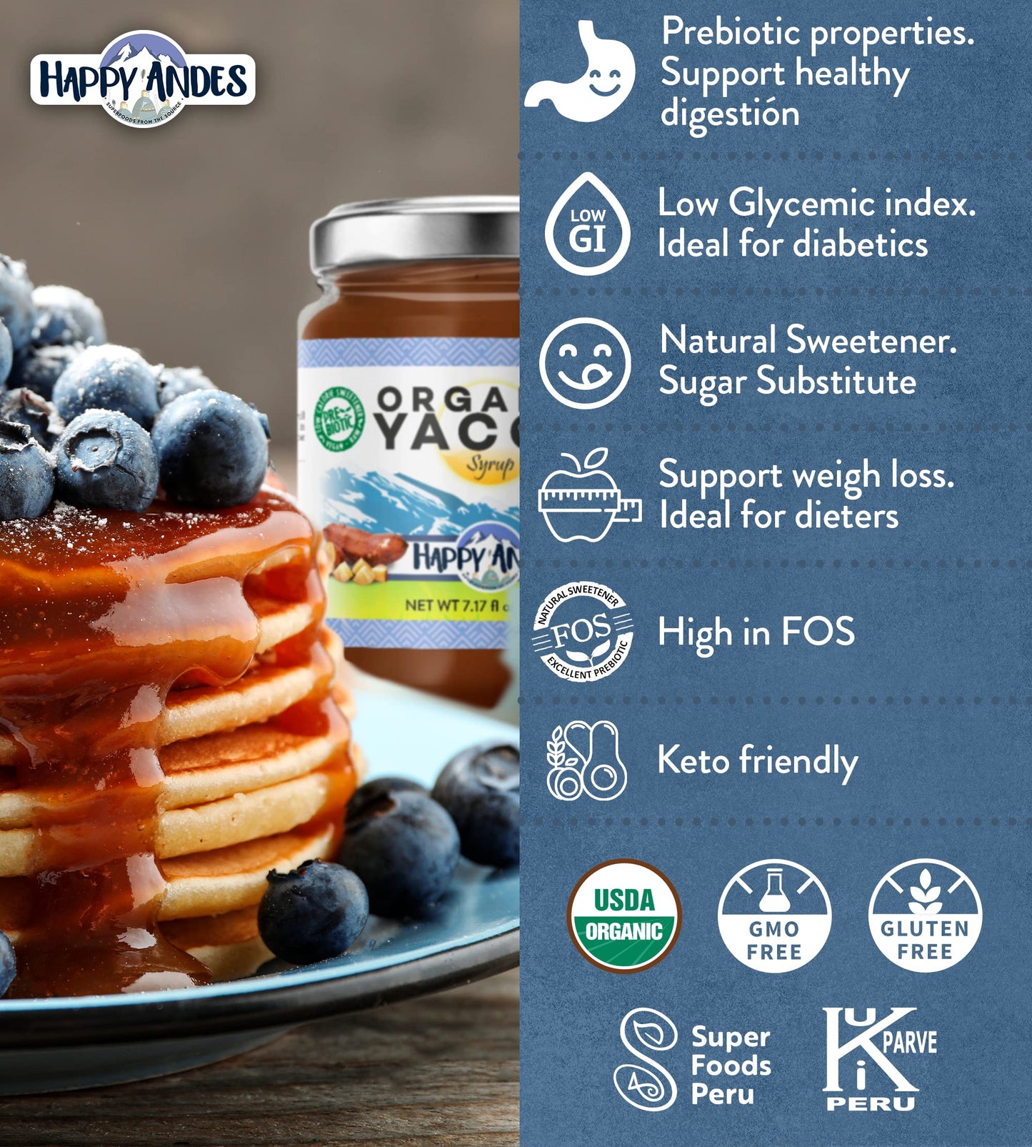 Happy Andes Organic Yacon Syrup oz. 100 Vegan Raw LowCalorie Peruvian Sweetener Sugar Substitute for Blood Glucose Control Healt