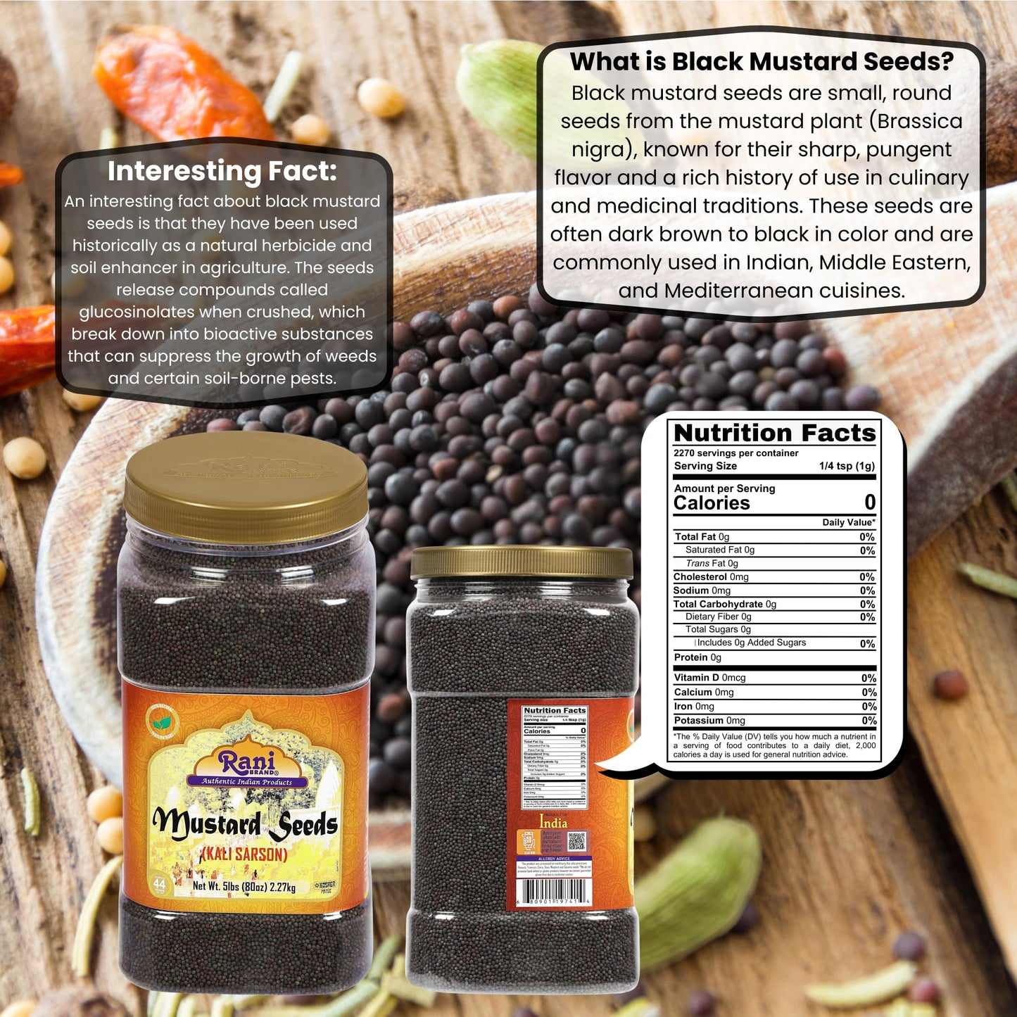 Rani Black Mustard Seeds Whole Spice (Kali Rai) 80Oz (5Lbs) 2.27Kg Bulk Pet Jar ~ All Natural | Gluten Friendly | Non-Gmo | Kosh