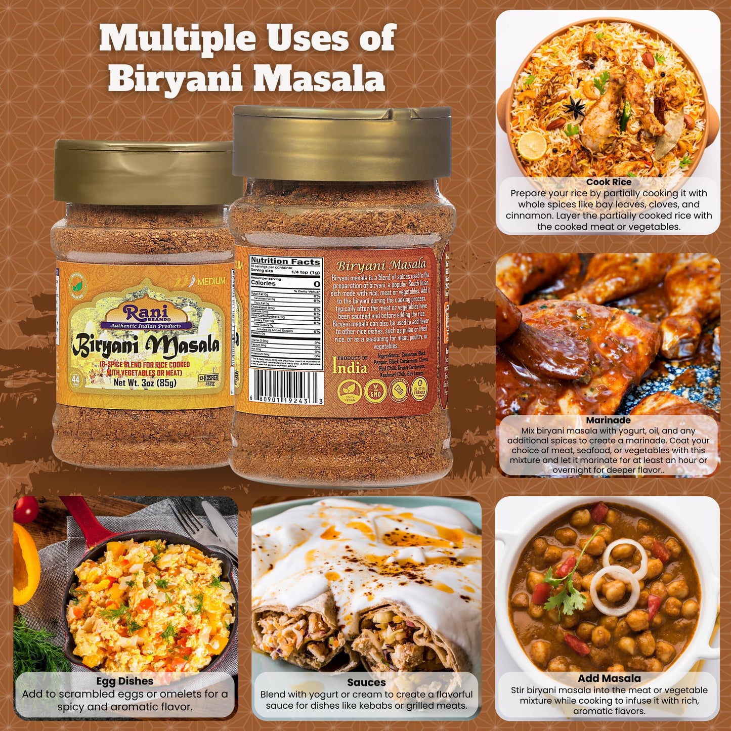 Rani Biryani Masala Curry 7-Spice Blend, All Natural, Vegan, Gluten Friendly, 3oz PET Jar