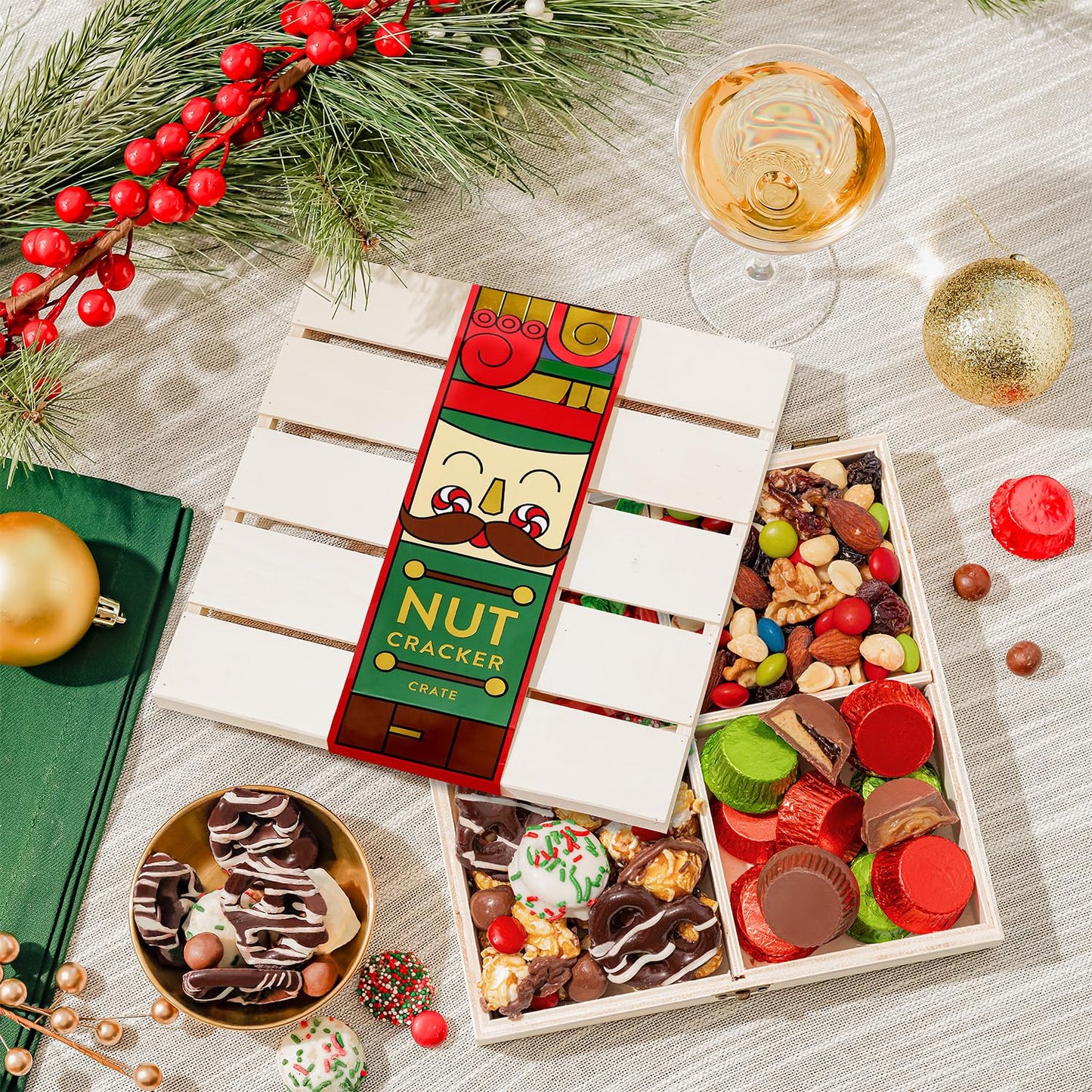 Christmas Gift Basket, Holiday Gourmet  - Variety Snack Crate- Candy Tray Food Assortment Idea- For Women, Men, Family 4 Section- Bonnie And Pop