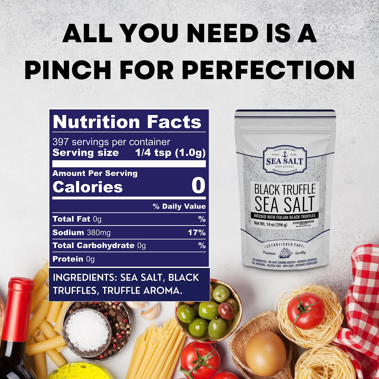 Italian Black Truffle Sea Salt  Natural Black for Soups and Sauces  Smooth & Rich Truffle Infused Gourmet Salt  14 oz Bag  Caravel Gourmet