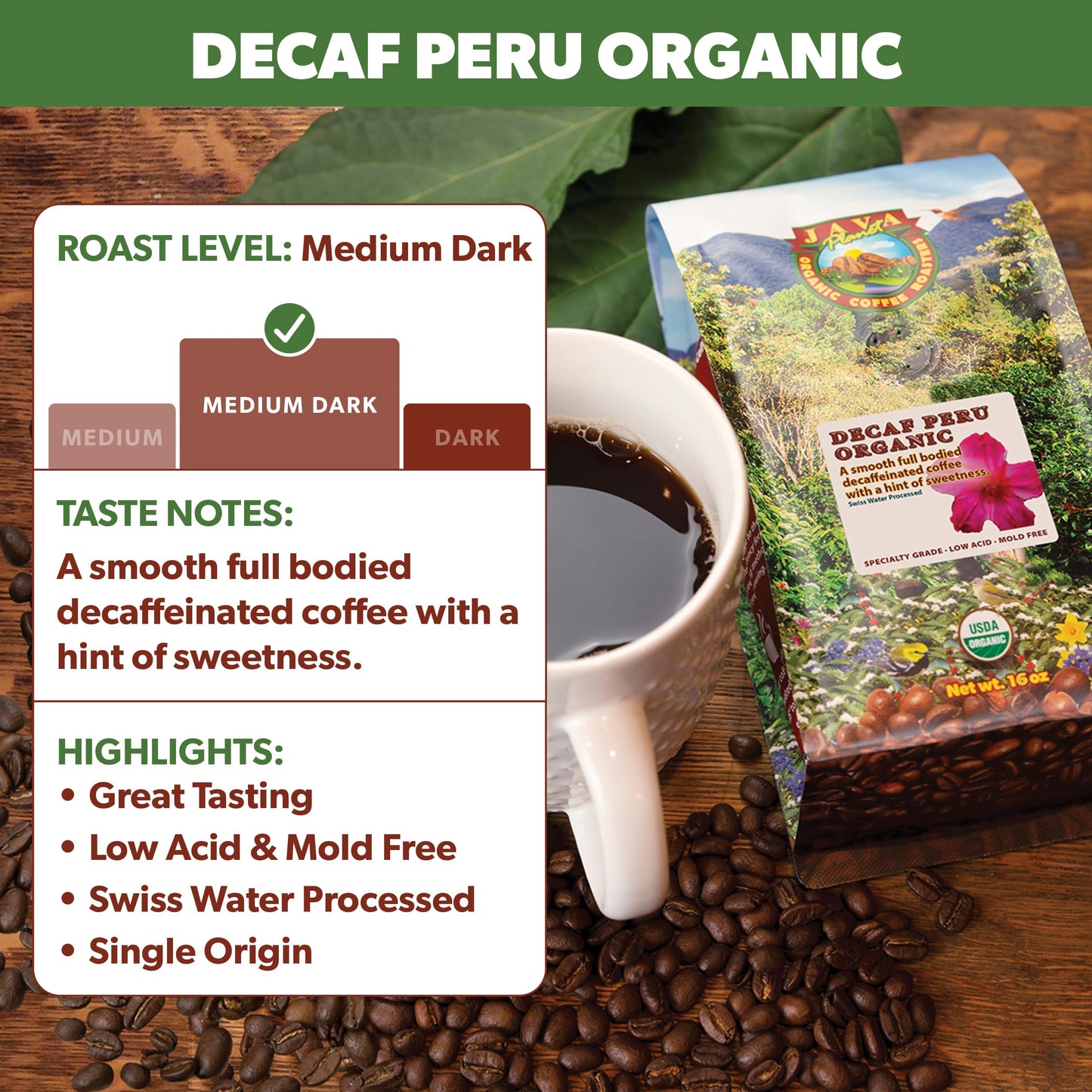 Java Planet Organic, Water Process Decaf Peru, Smooth Full Flavored Organic Coffee Beans, Low Acid, Whole Bean Coffee 1LB Bag