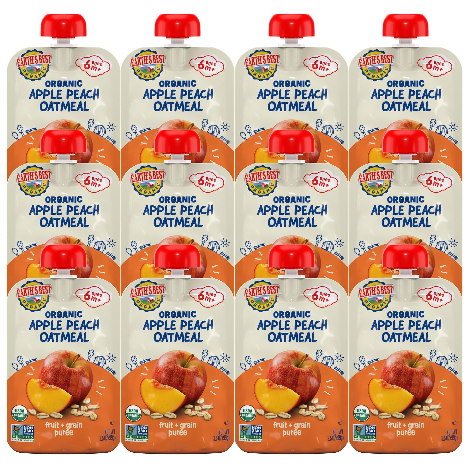 Earths Best Organic Baby Food Pouches, Fruit and Grain Puree for Babies 6 Months and Older, Organic Apple Peach and Oatmeal Pur