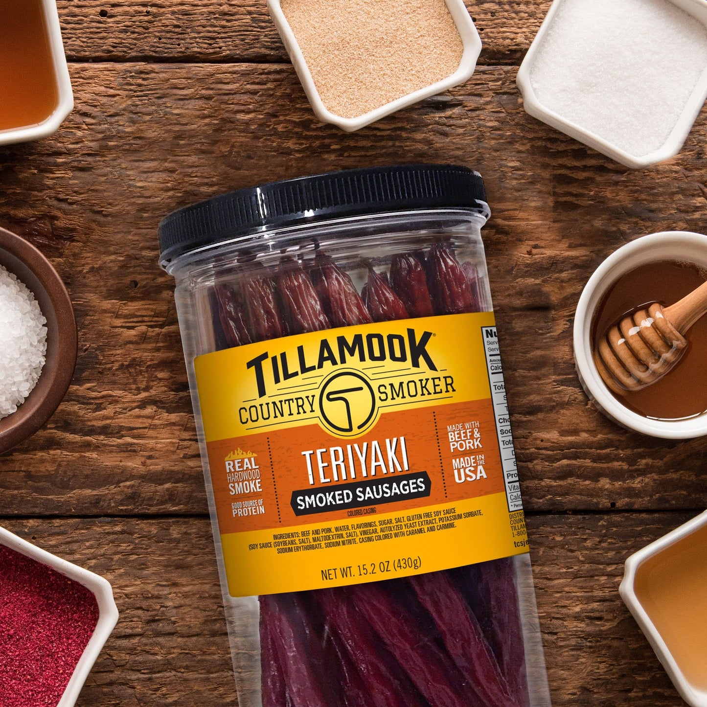 TILLAMOOK COUNTRY SMOKER Real Hardwood Smoked Sausages, Teriyaki, 15.2 Ounce Tall Jar, 20 Count