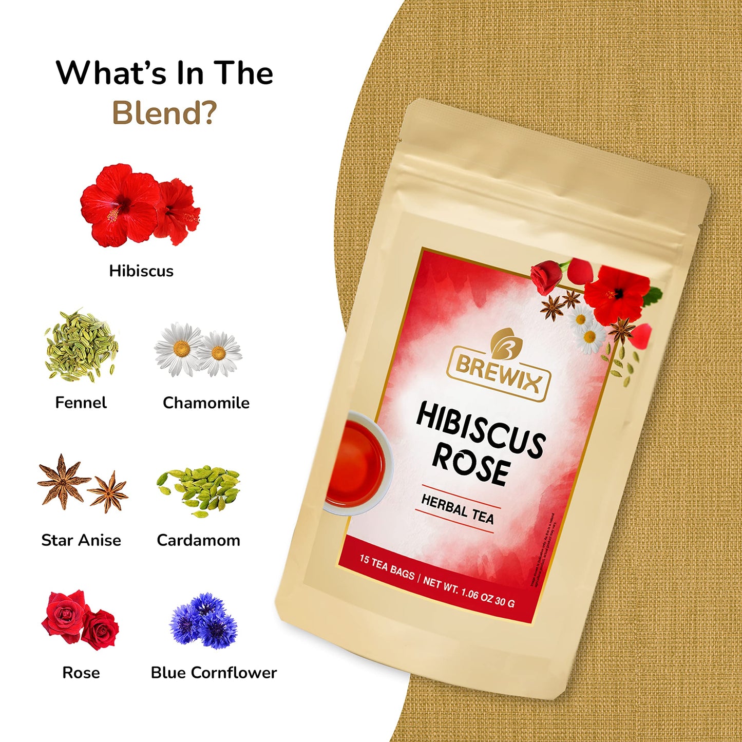 BREWIX Hibiscus Rose Herbal Tea Bags, 15 Pyramid Bags, Whole Hibiscus Flowers, Chamomile, Spices, Supports Wellness & Digestion