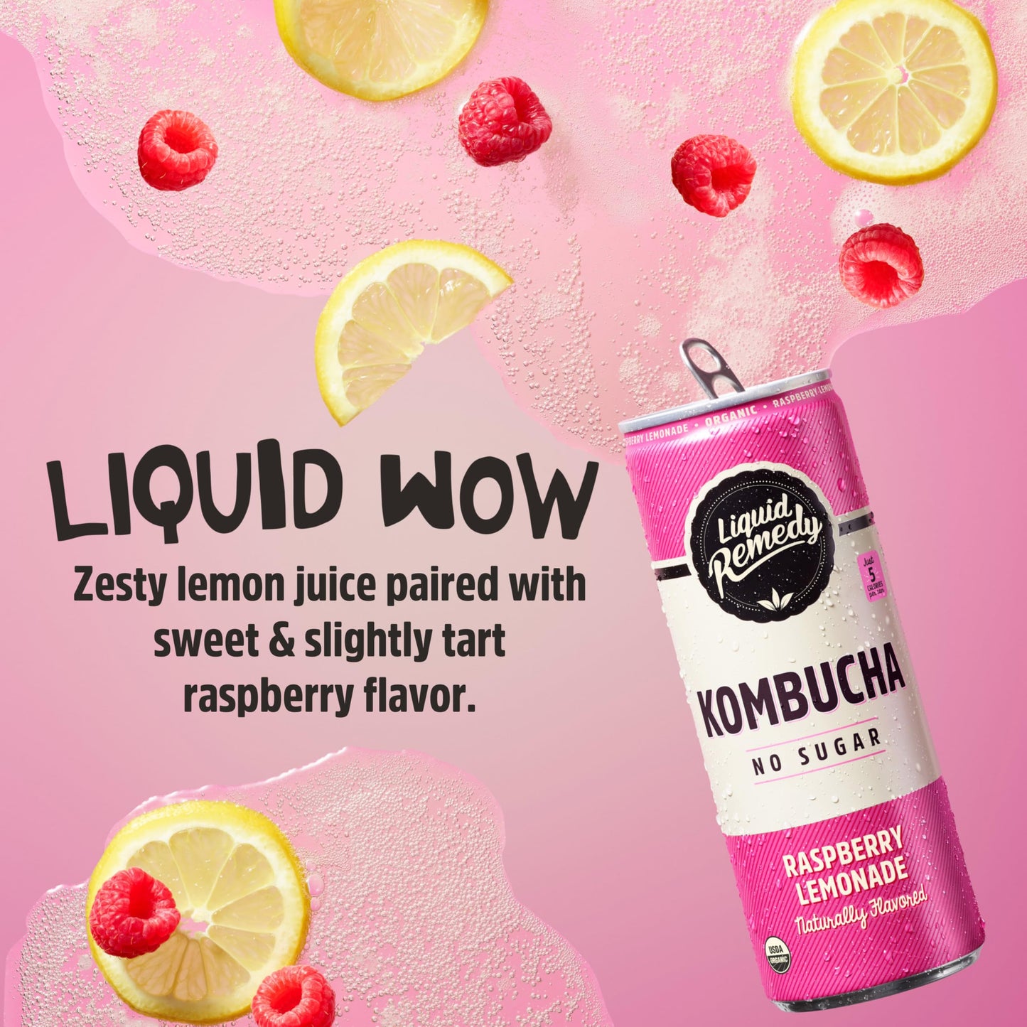 Liquid Remedy Kombucha Sugar Free Organic Drink, Low Calorie, Probiotic Like Tea for Gut Health - Raspberry Lemonade - 12 Fl Oz