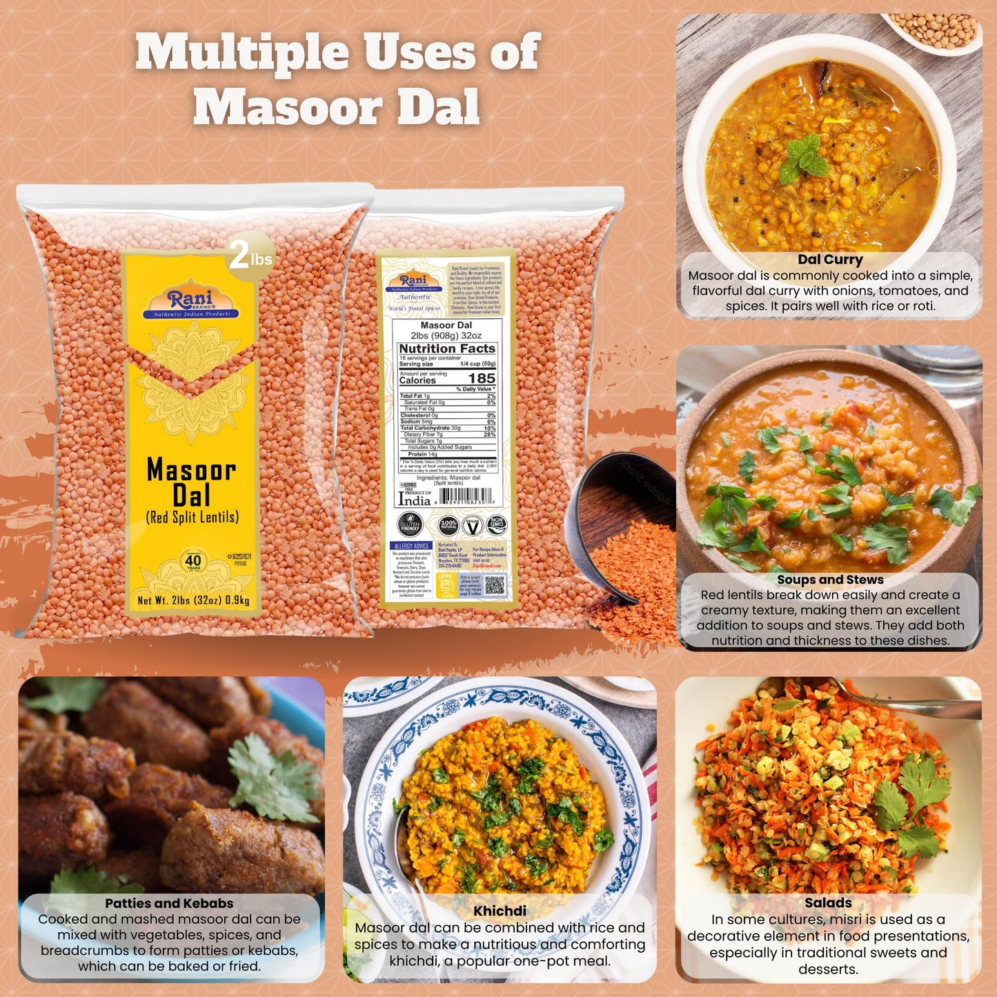 Rani Masoor Dal (Indian Red Lentils) Split Gram, 32Oz (2Lbs) 908G ~ All Natural | Gluten Friendly | Non-Gmo | Vegan | Indian Ori