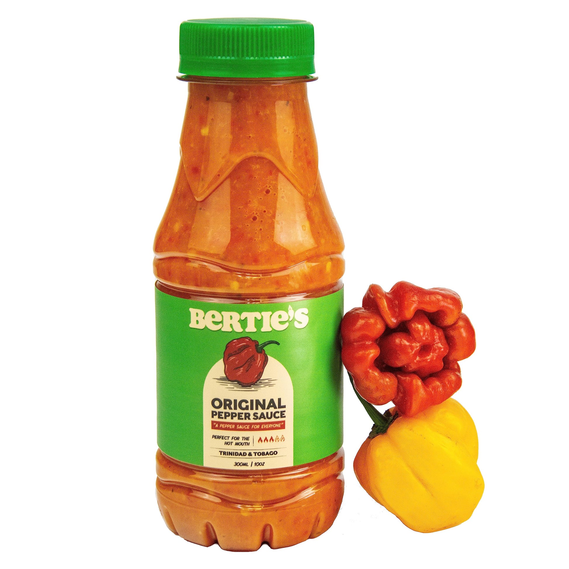 Bertie'S Original Pepper Sauce (10 Oz/300Ml) | Great Flavour And Heat | Made With Fresh Trinidad Moruga Red And Scotch Bonnet Ye