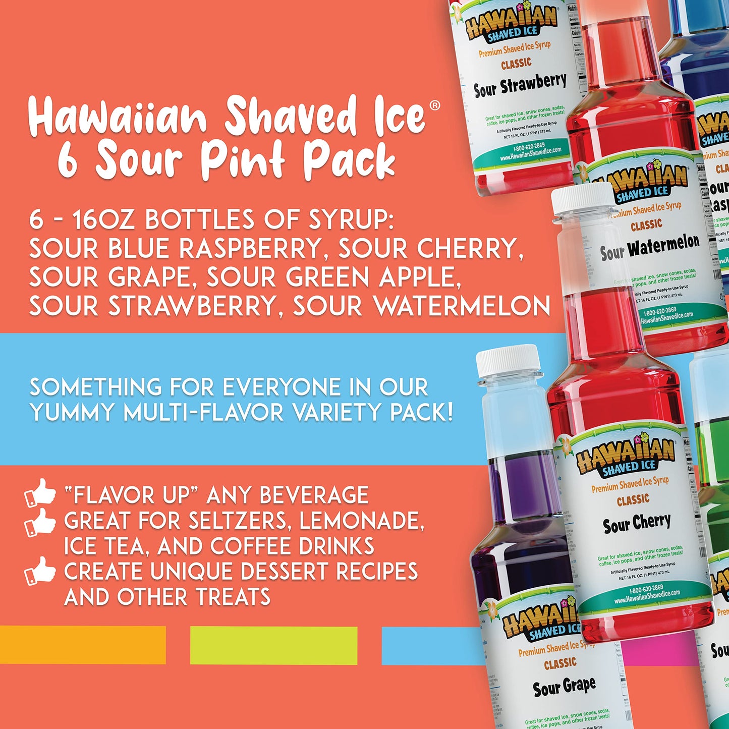 Hawaiian Shaved Ice Syrup 6-Pack, Sour Flavors for Slushies, Italian Soda, 16 Fl Oz Each