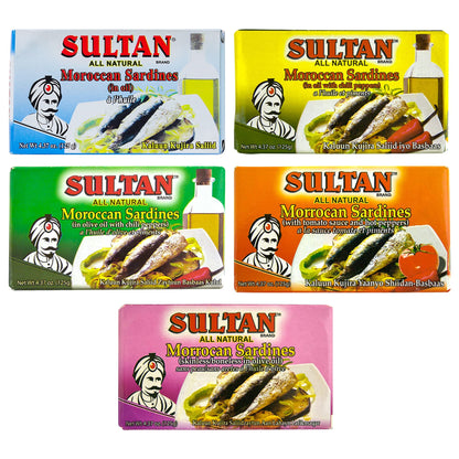 Sultan Moroccan Sardines Variety Pack, 100% All-Natural, High Protein, Paleo, Carnivore, Keto Friendly, Zero Carb, Fresh, Bonele