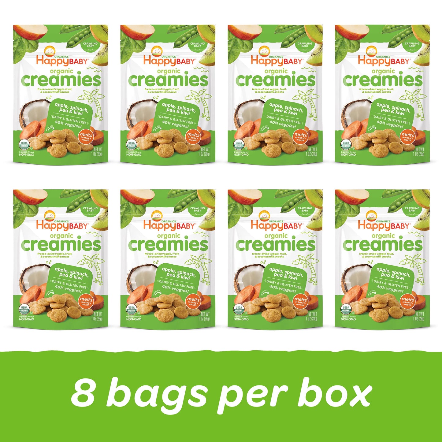 Happy Baby Organics Creamies Freeze-Dried Veggie & Fruit Snacks With Coconut Milk, Apple Spinach Pea & Kiwi, 1 Ounce (Pack Of 8)