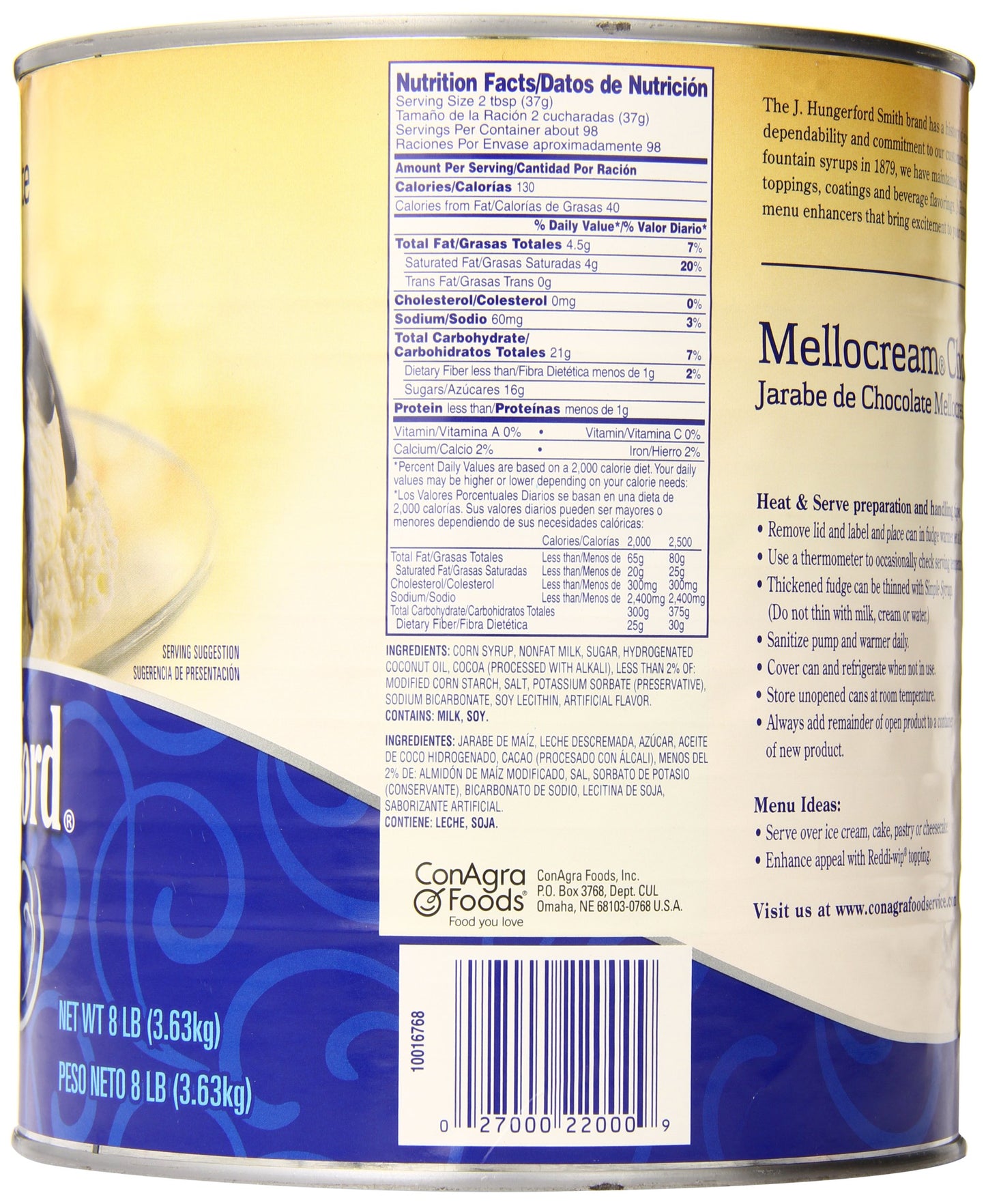 J. Hungerford Smith Fudge Topping, Mellocream Chocolate, 8 Pound