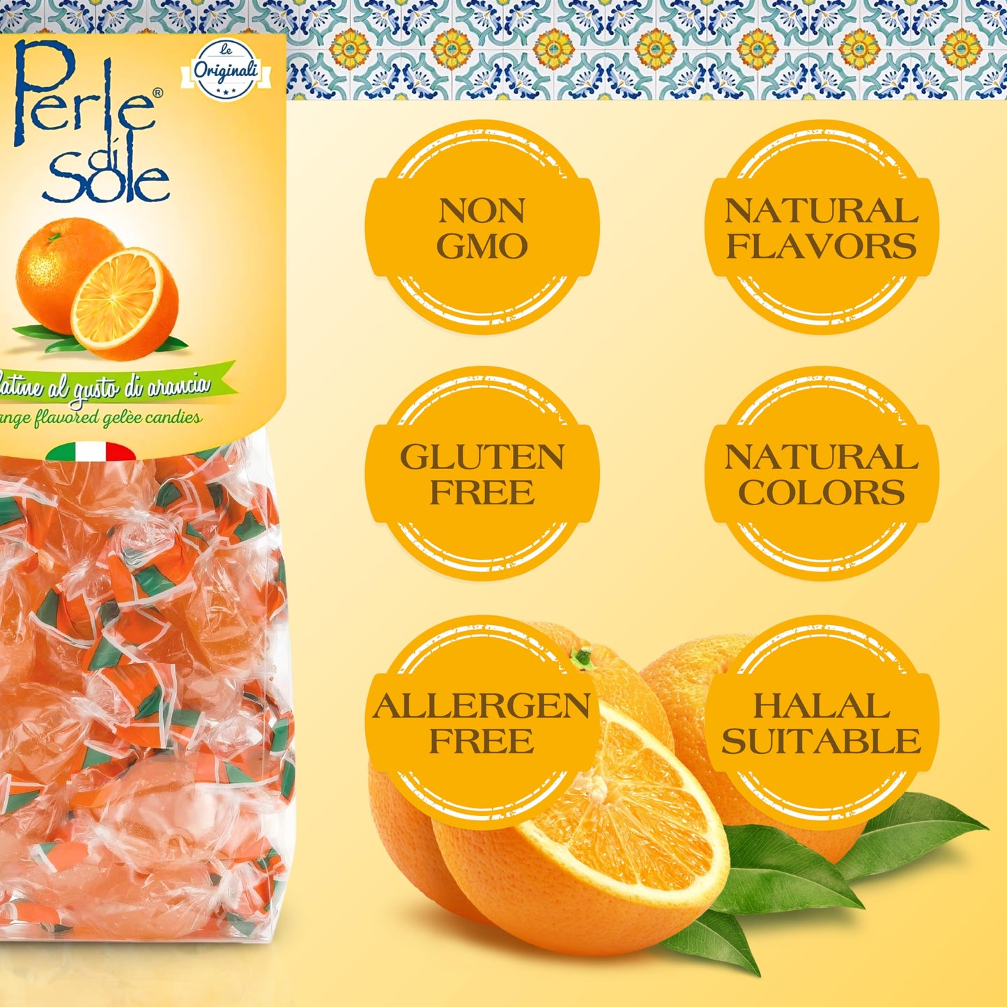 Perle Di Sole Orange Candy Jellies - Italian Jelly Candy Individually Wrapped - Soft Fruit Candies - 6 Pack (7.05Oz. Bag)