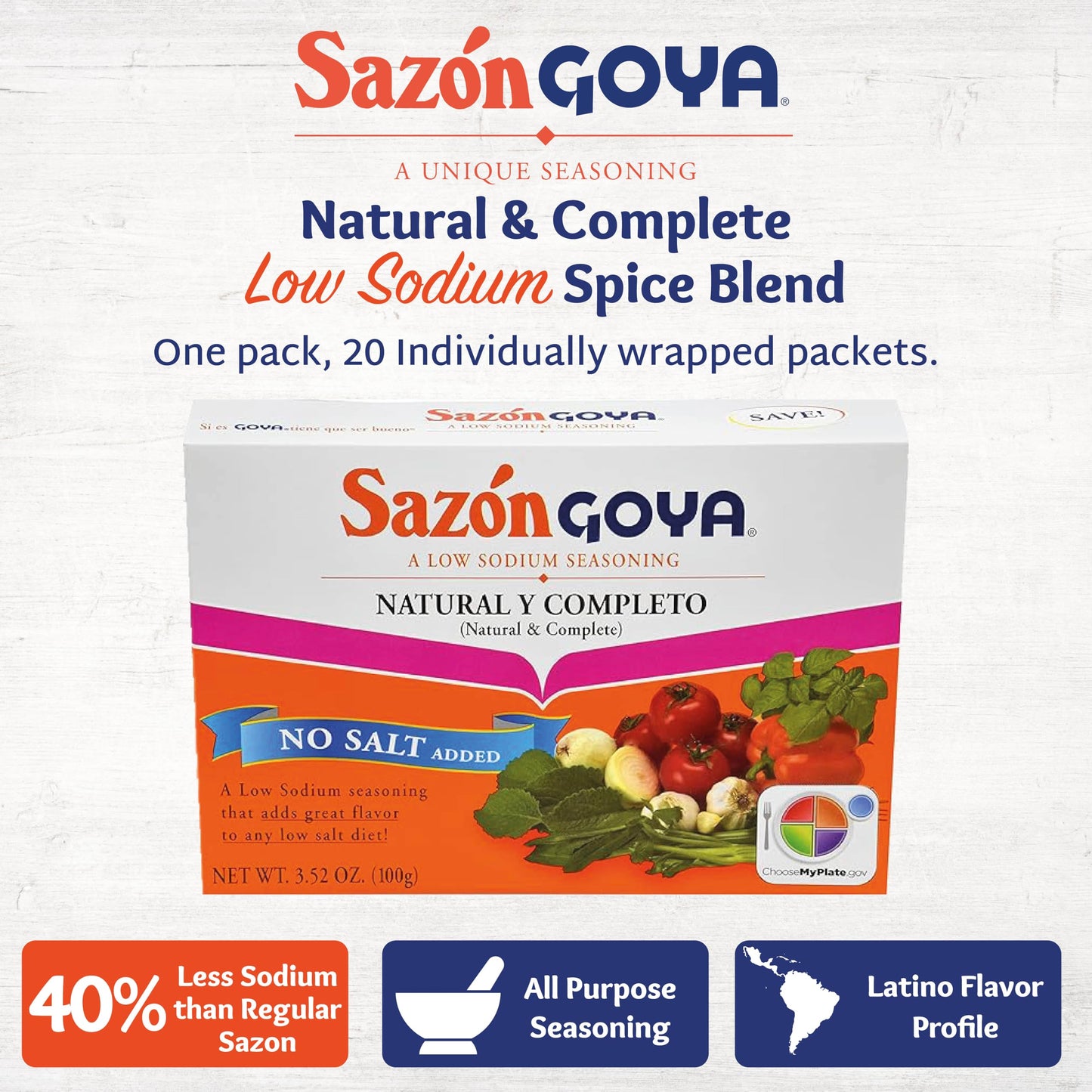 Saz  n Natural and Complete by Goya, Low Sodium Latin Spice Blend for Poultry, Seafood, Meat and Vegetables, All Purpose Mexican