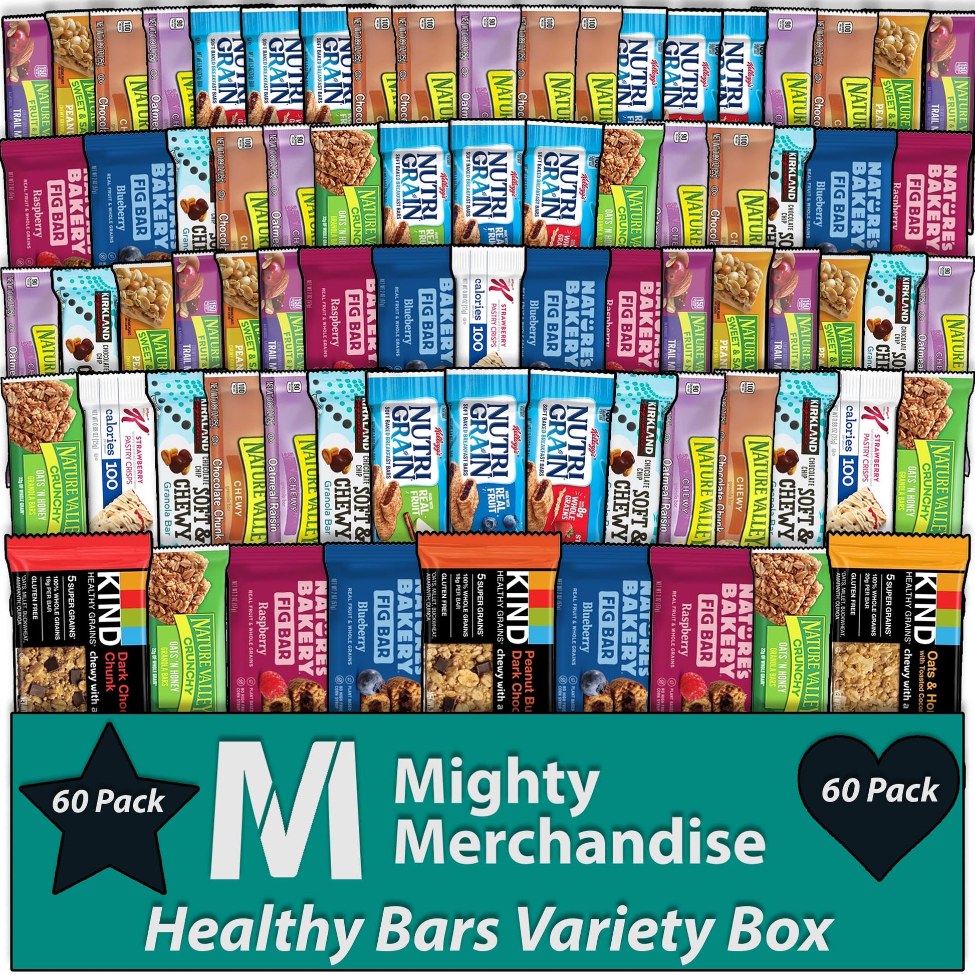 Mighty Merchandise Healthy Mixed Snack Bar Box Variety Basket | (Pack of 60) | Perfect for Men, Women, Adults, Office, School, C