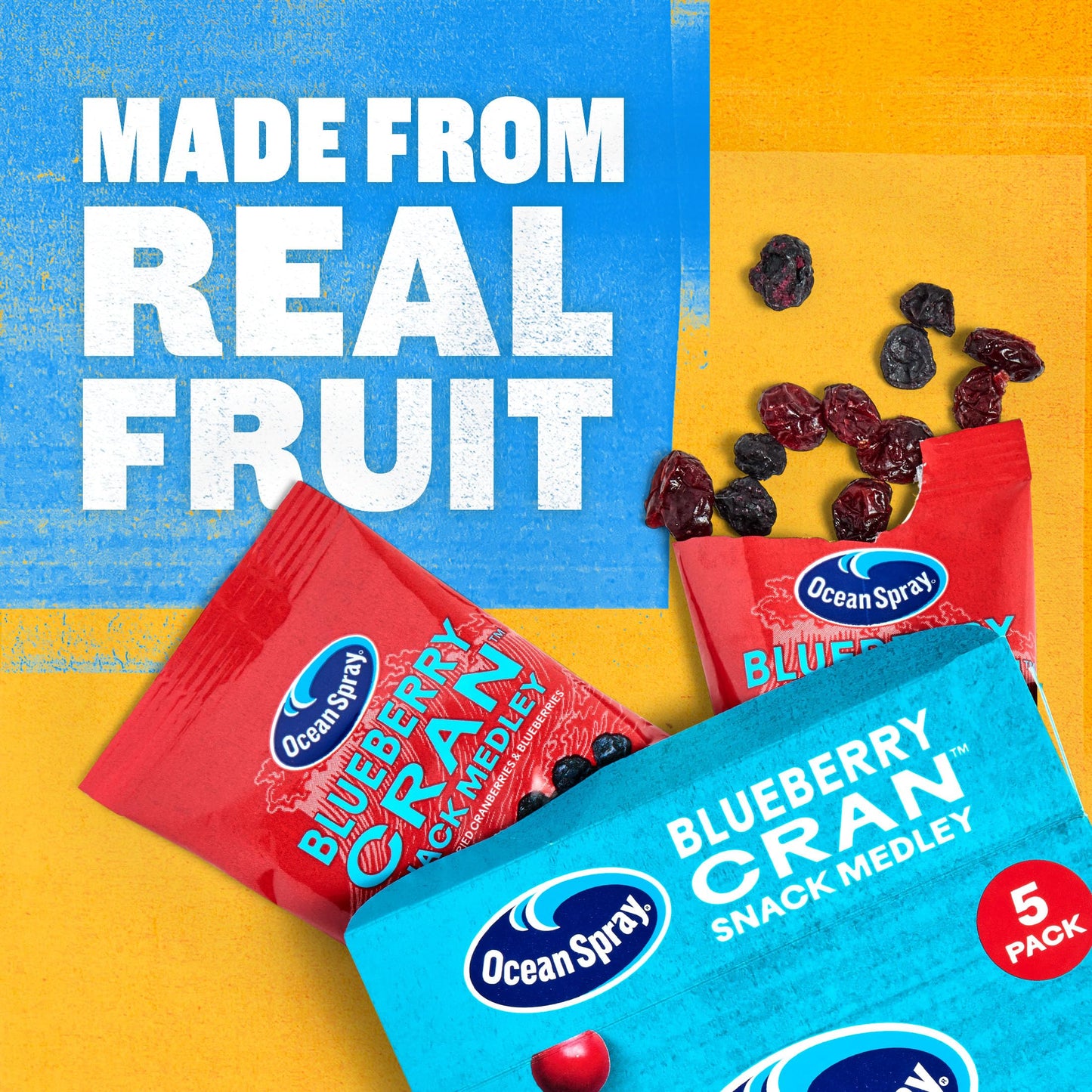 Ocean Spray Blueberry Cran Snack Medley, Cranberry And Blueberry Dried Fruit Snack, 1 Oz Pouches, 5 Count (Pack Of 10)