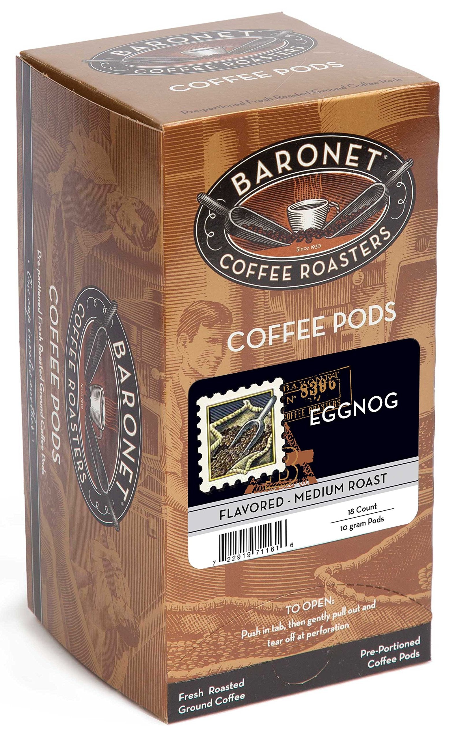 Baronet Coffee Pods, Egg Nog Flavor, Regular Strength, Medium Roast, 54 Pods, Model 722919191166