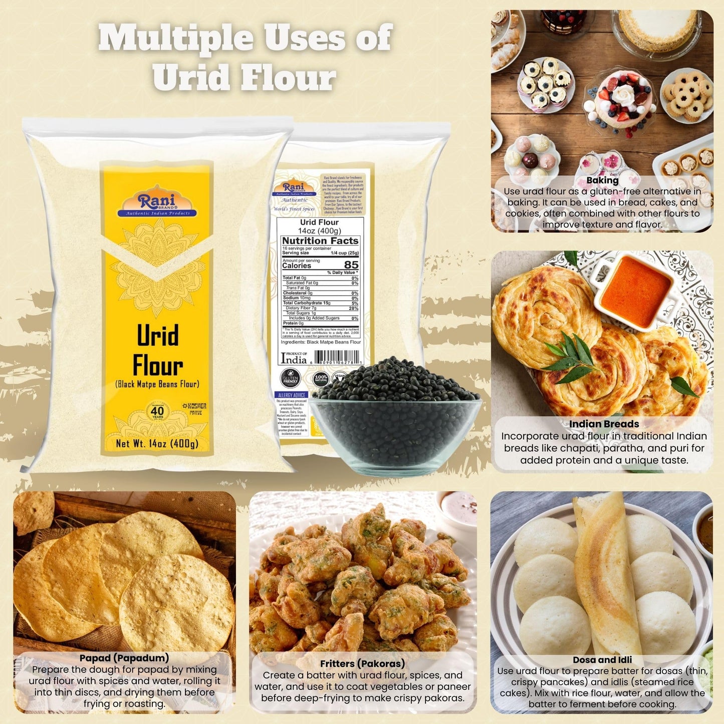 Rani Urid/Urad Flour (Black Matpe Beans Flour) 14Oz (400G) ~ All Natural | Vegan | Gluten Friendly | Non-Gmo | Kosher | Indian O