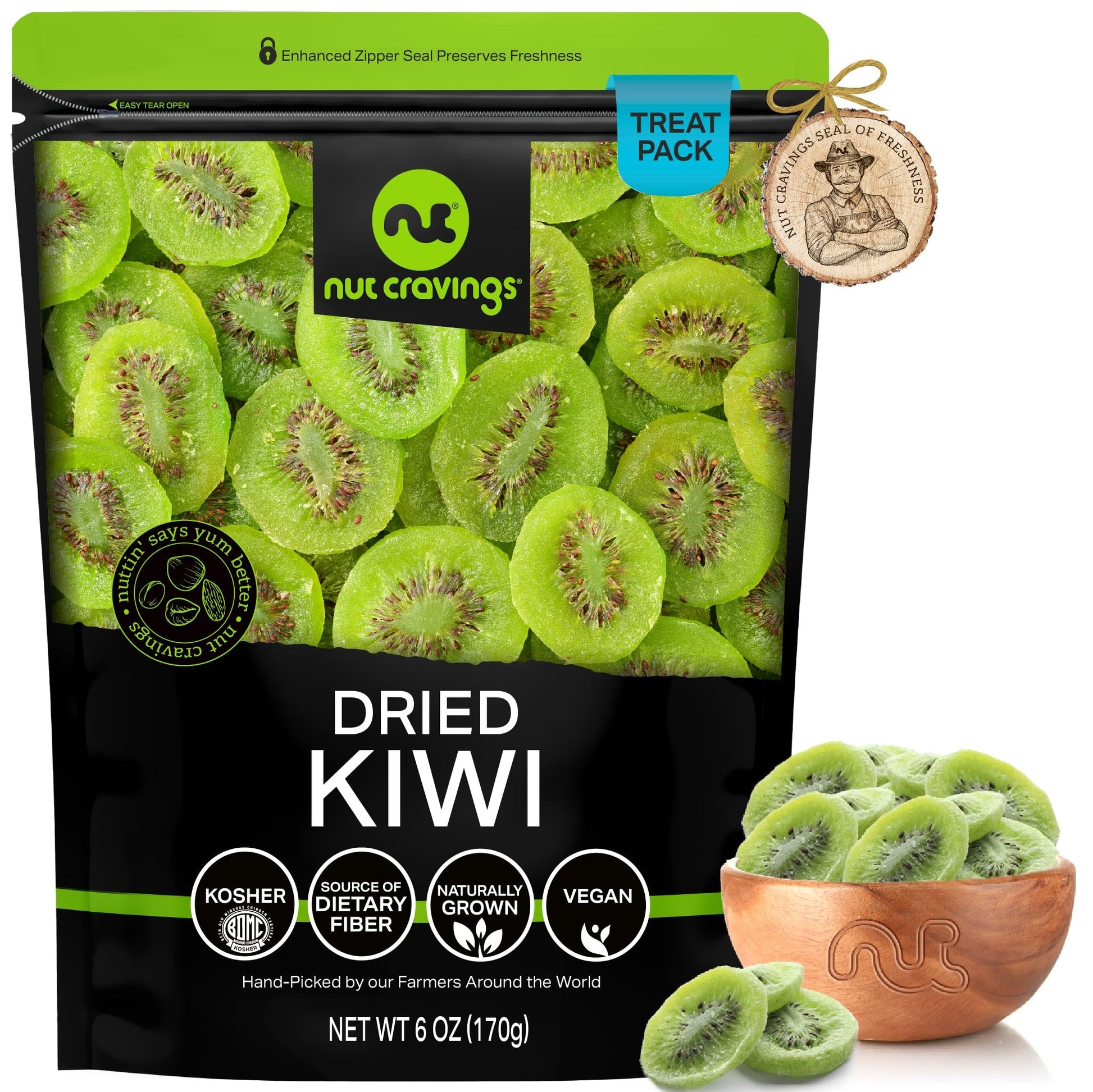 NUT CRAVINGS Dry Fruits - Sun Dried Kiwi Slices, (6oz - 1 Pack) Packed Fresh in Resealable Bag - Sweet Snack, Healthy Food, Natu