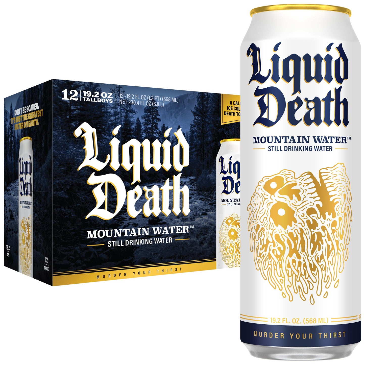 Liquid Death Still Mountain Water  Real Mountain Source  Ice-Cold Cans  Infinitely Recyclable  King Size 19.2 Fl Oz (Pack Of 12)