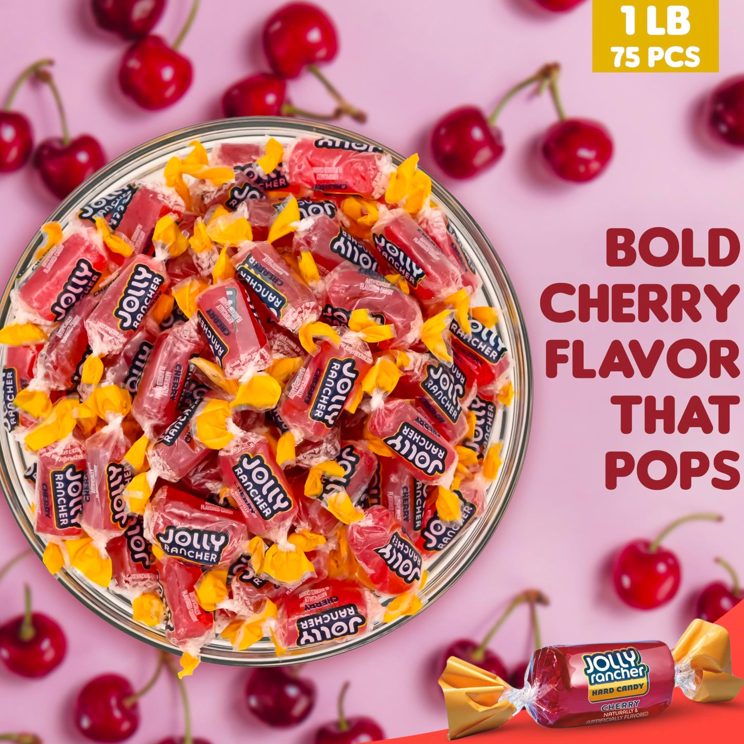 Cherry Jolly Ranchers Hard Candy - Original Flavor - 1 LB Bulk Bag (Approx. 75 Pieces) - Individually Wrapped Tart & Sweet Treat