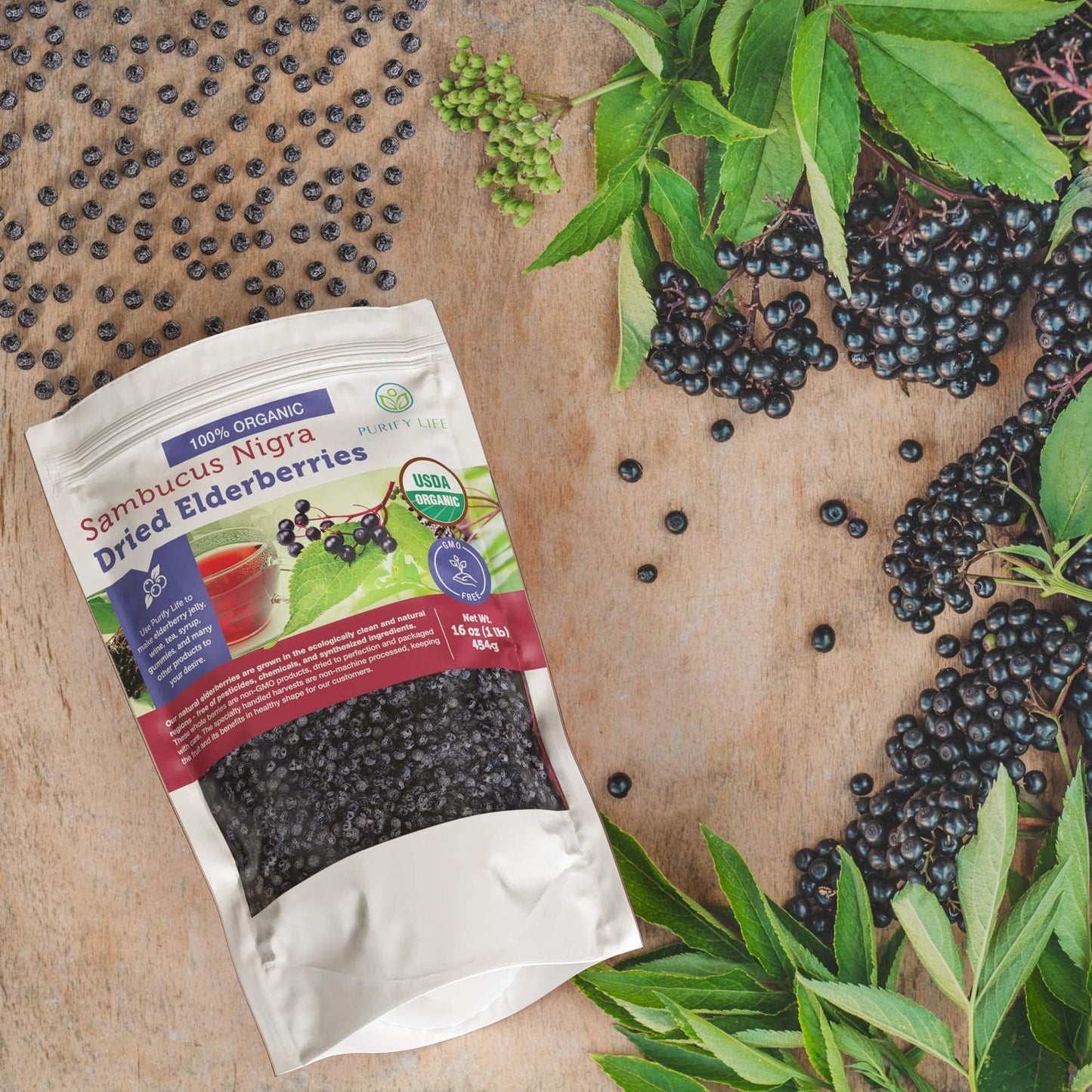 Certified USDA - 100% Organic Dried Elderberries - 1lb Bulk - Non-Irradiated  Non-Gmo  Whole Black Elderberry Immune Support For Making Elder Syrup  Gummies  Tea - Raw Vegan Sambucus 1 Pound
