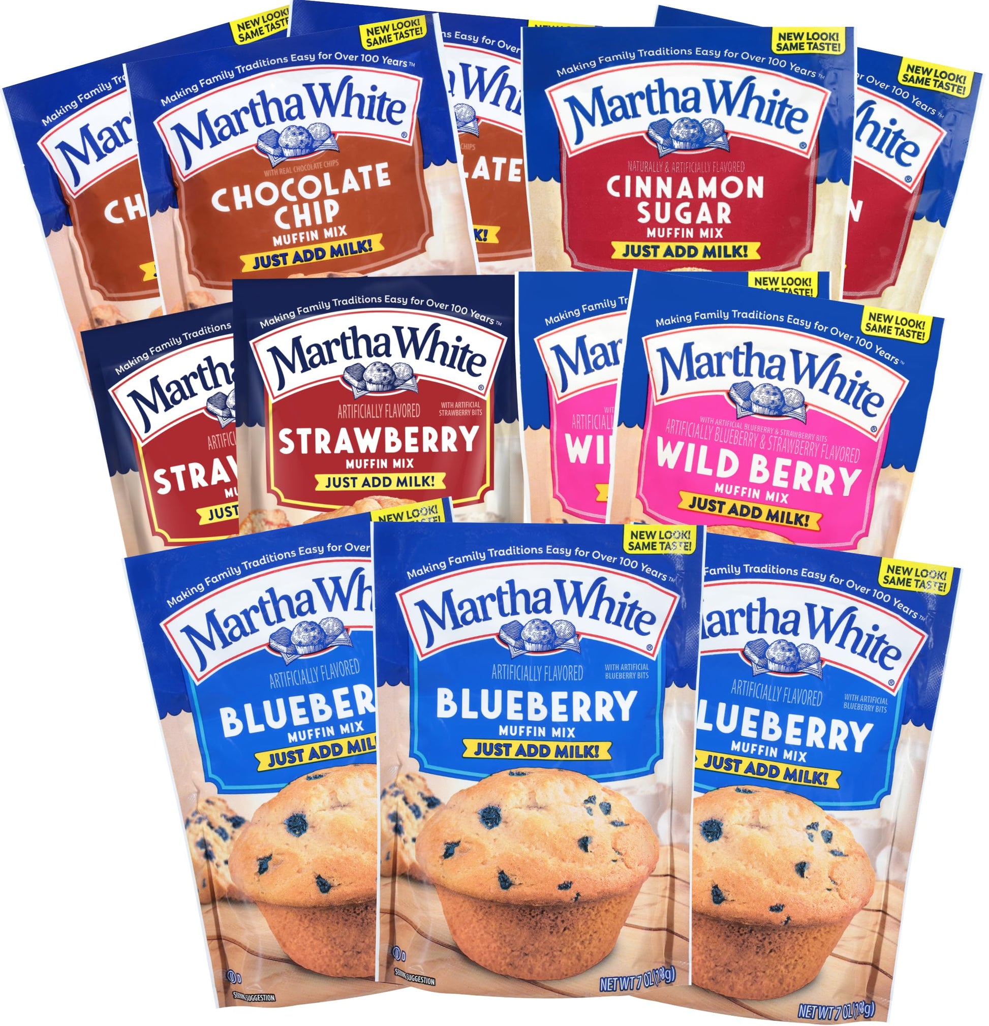 Martha White Muffin Mix Sampler Variety Pack, 12 Count, Includes Chocolate Chip, Blueberry, Strawberry, Cinnamon Sugar, Wildberry, 7 Ounce