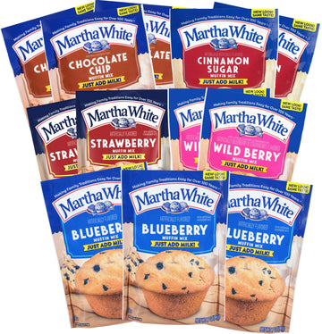 Martha White Muffin Mix Sampler Variety Pack, 12 Count, Includes Chocolate Chip, Blueberry, Strawberry, Cinnamon Sugar, Wildberry, 7 Ounce