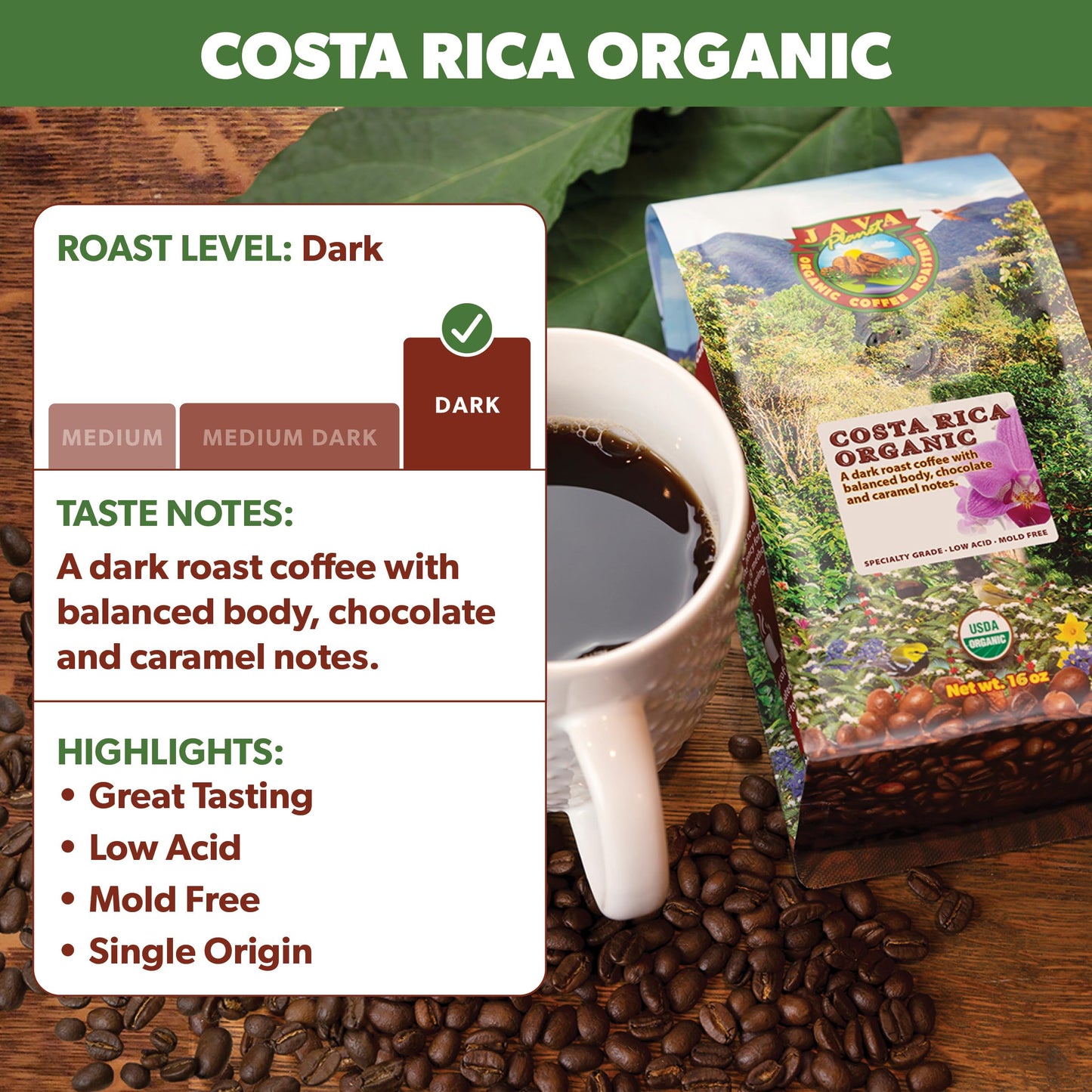 Java  t Organic Coffee - Costa Rica Dark Roast, Low Acid Whole Bean, 5LB Bag