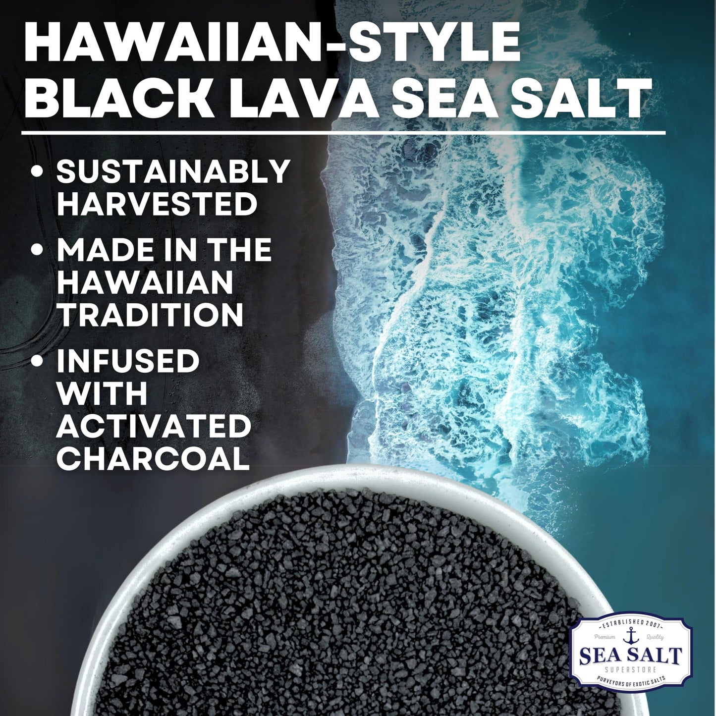 Hawaiian-Style Black Lava Sea Salt for Cooking & Finishing  Black Sea Salt with Activated Charcoal  5 oz Bag