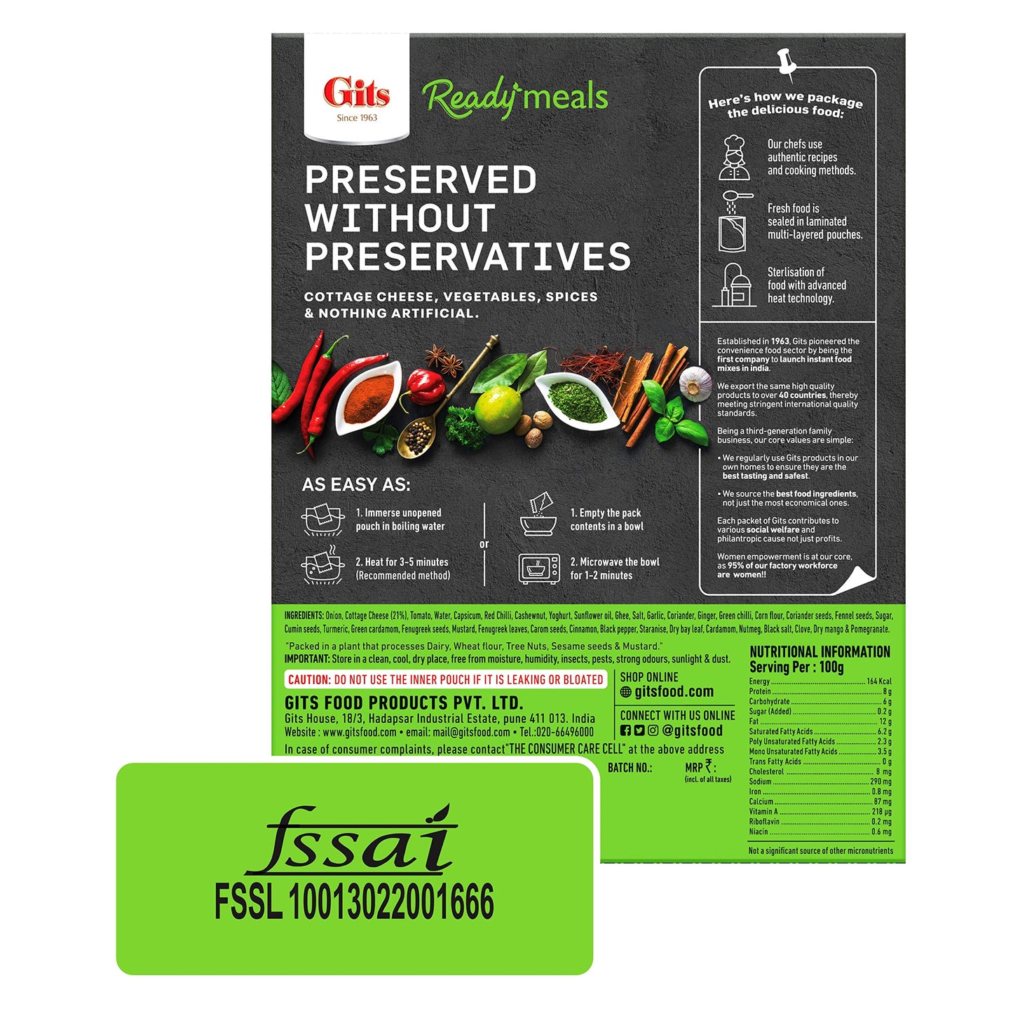 Gits Ready To Eat Paneer Tikka Masala 1140G (Pack Of 4 X 285G Each)